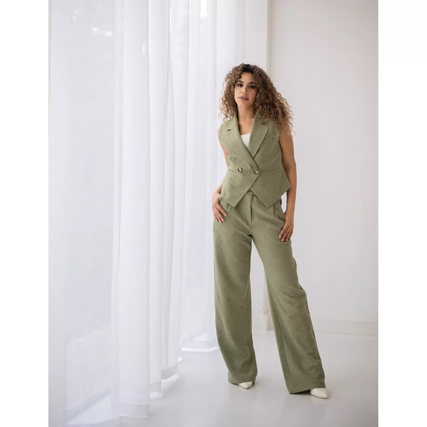  Vineyard green linen wide-leg straight mid pants   hover image