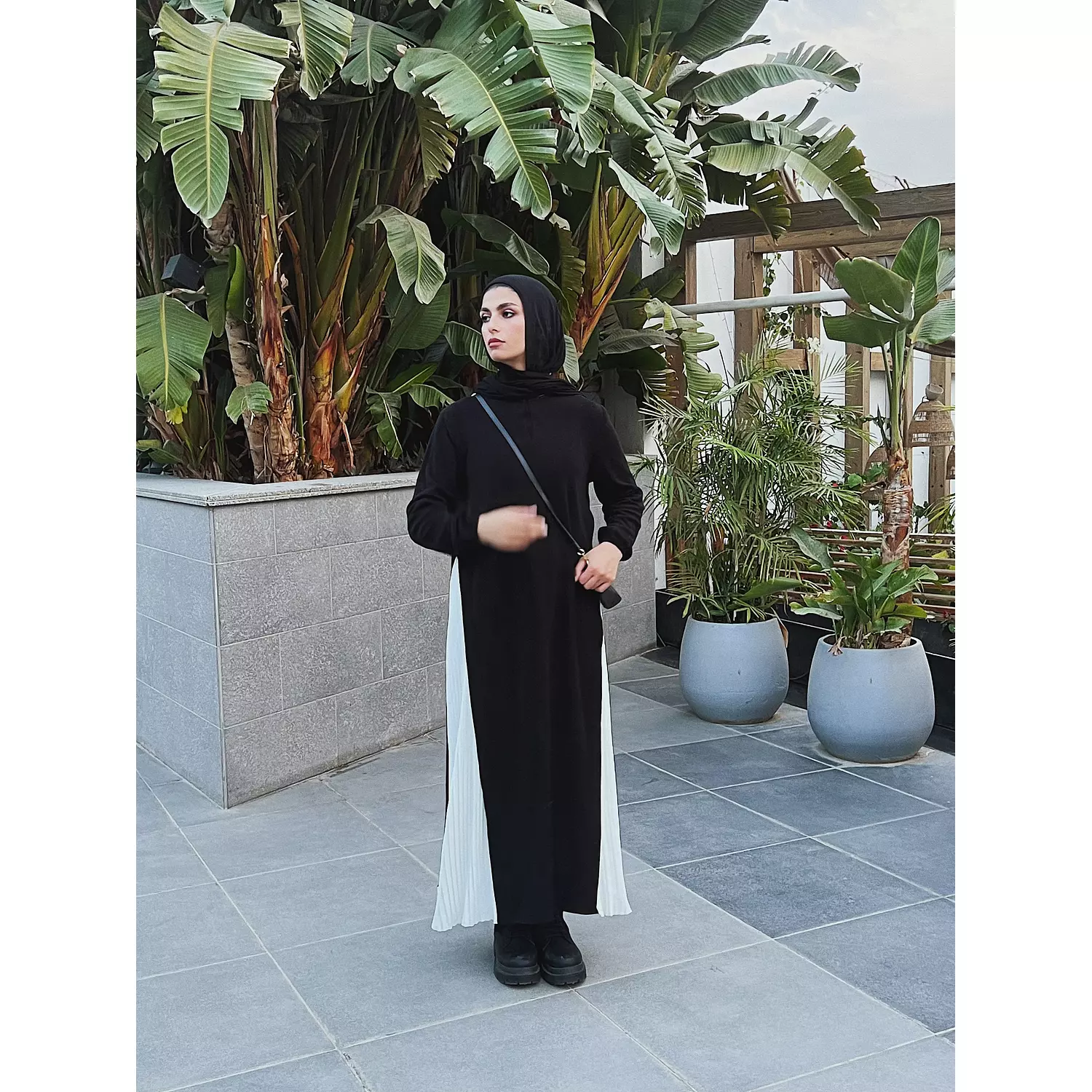 Black Pleated Tunic Maxi Wool Dress hover image