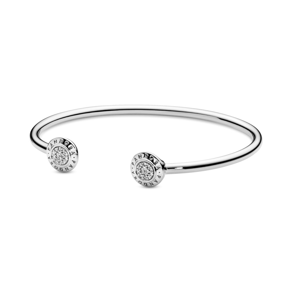 PANDORA logo silver open bangle with clear cubic zirconia