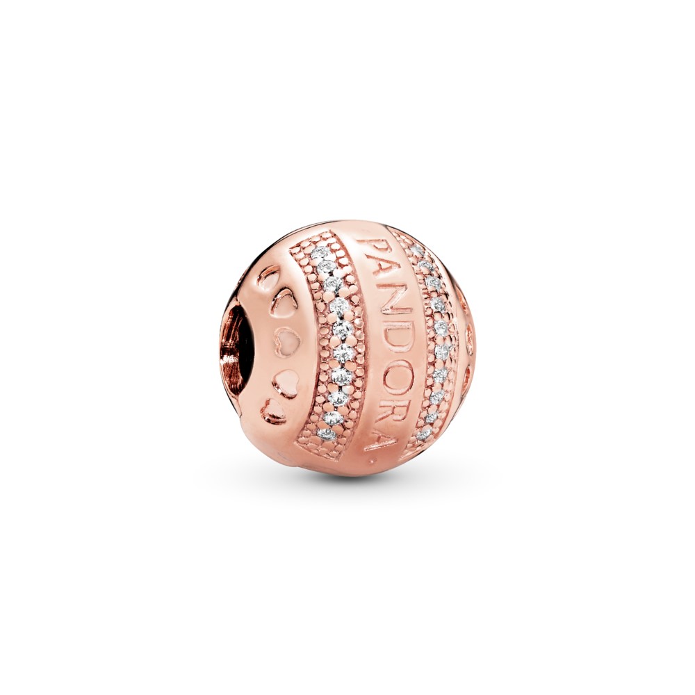 PANDORA Rose logo clip with clear cubic zirconia and silicone grip