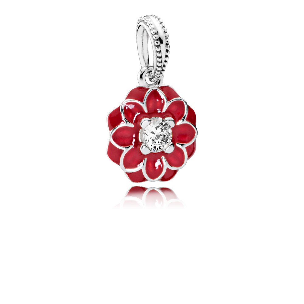 Flower silver dangle with clear cubic zirconia and red enamel