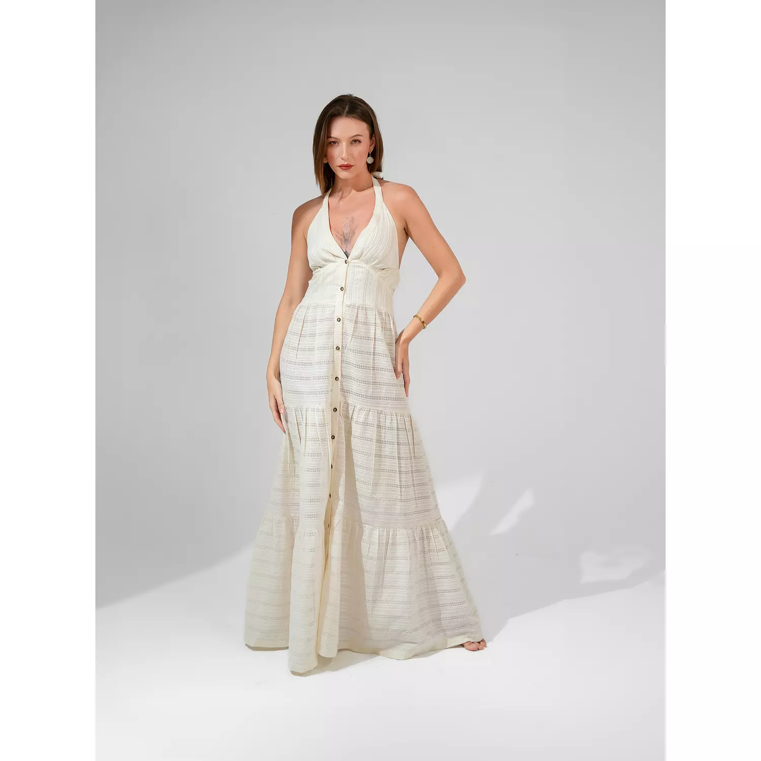 Camille halter neck maxi dress with tie - off-white hover image