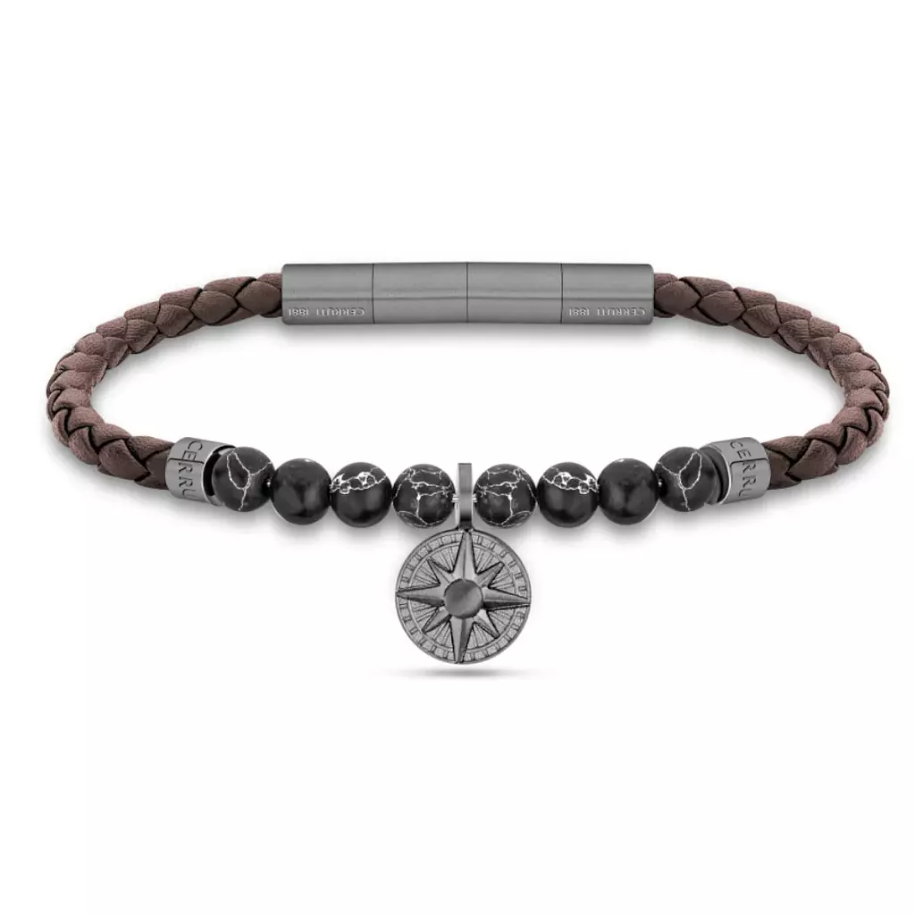 Cerruti Bracelet For Men, Brown Braided Leather & Black Beads/ Compass Charm 