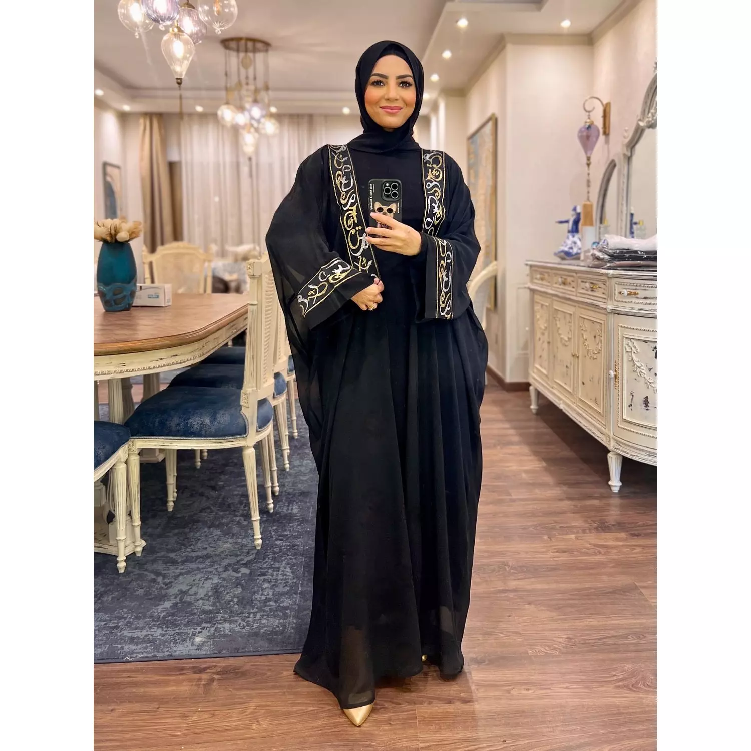 Chiffon Abaya with Arabic Embroidery - Black  3