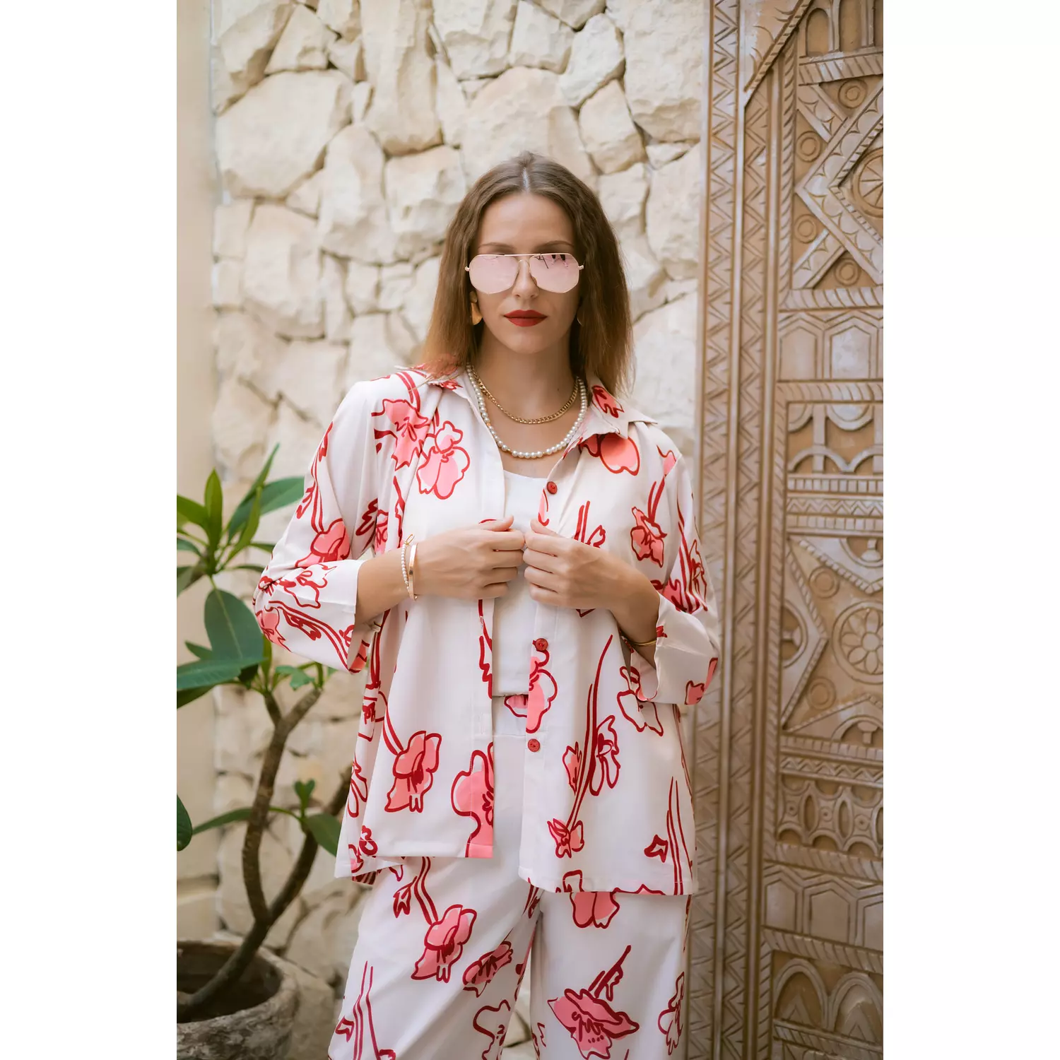 Floral red x white shirt hover image