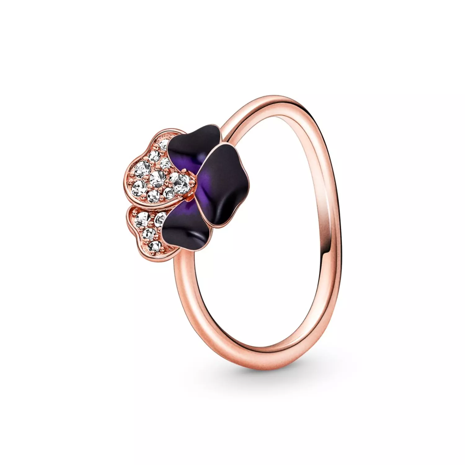Pansy 14k rose gold-plated ring with clear cubic zirconia and shaded blue and violet enamel hover image