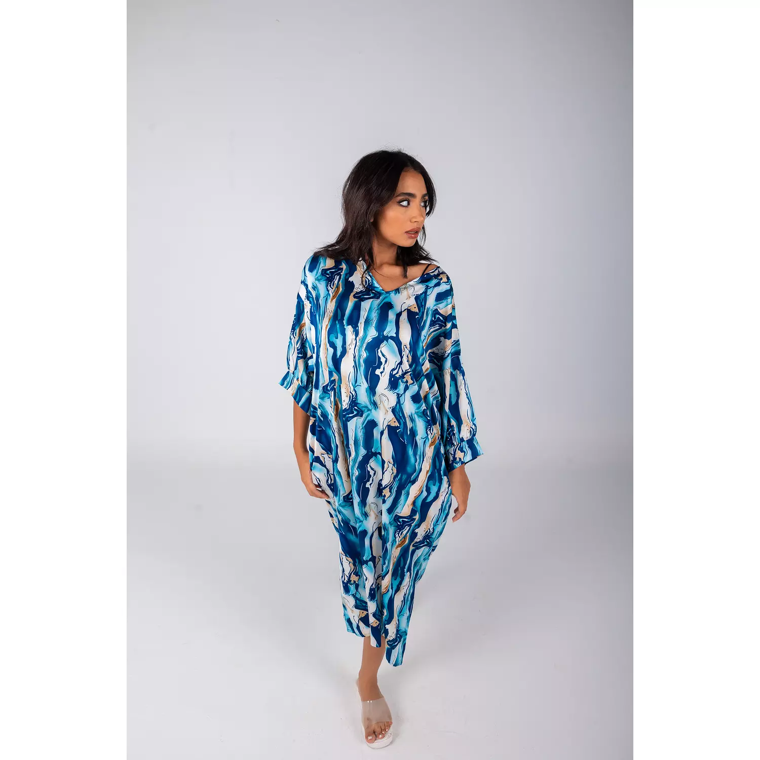 Blue Printed Satin Summer Dress  hover image