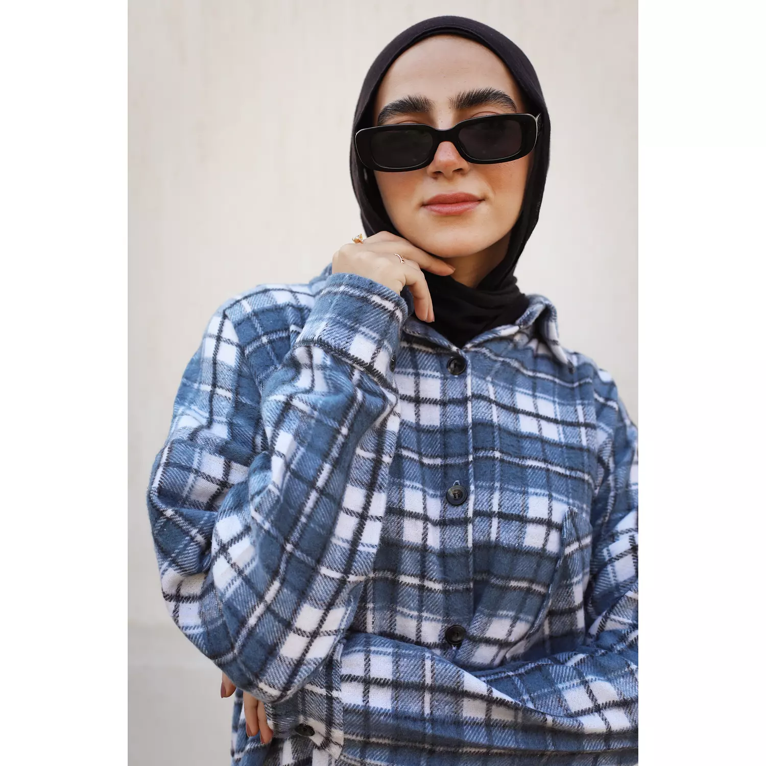 Blue and White Checkered Wool Long Shirt 3