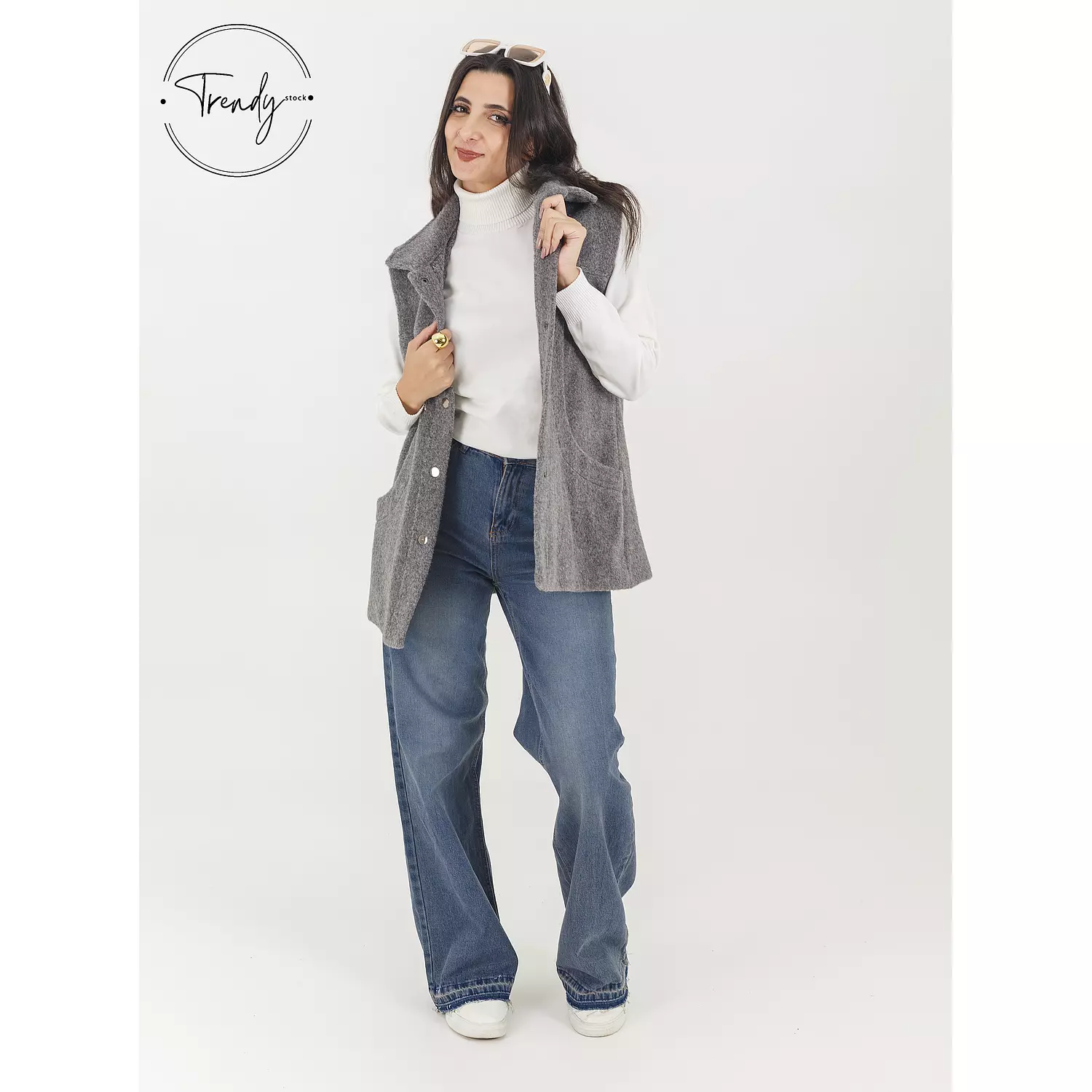 Wool Cut Pocket Long Grey Vest hover image