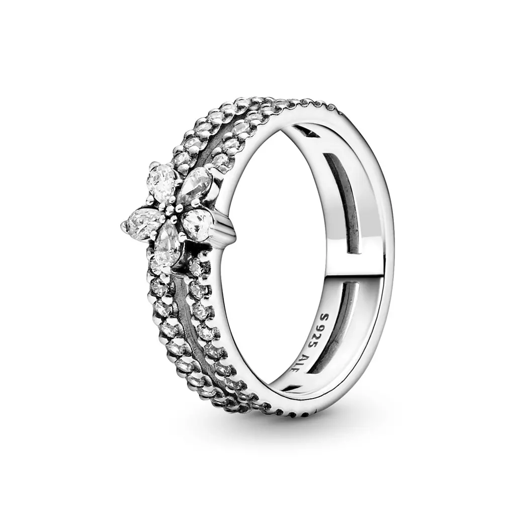Snowflake sterling silver double ring with clear cubic zirconia