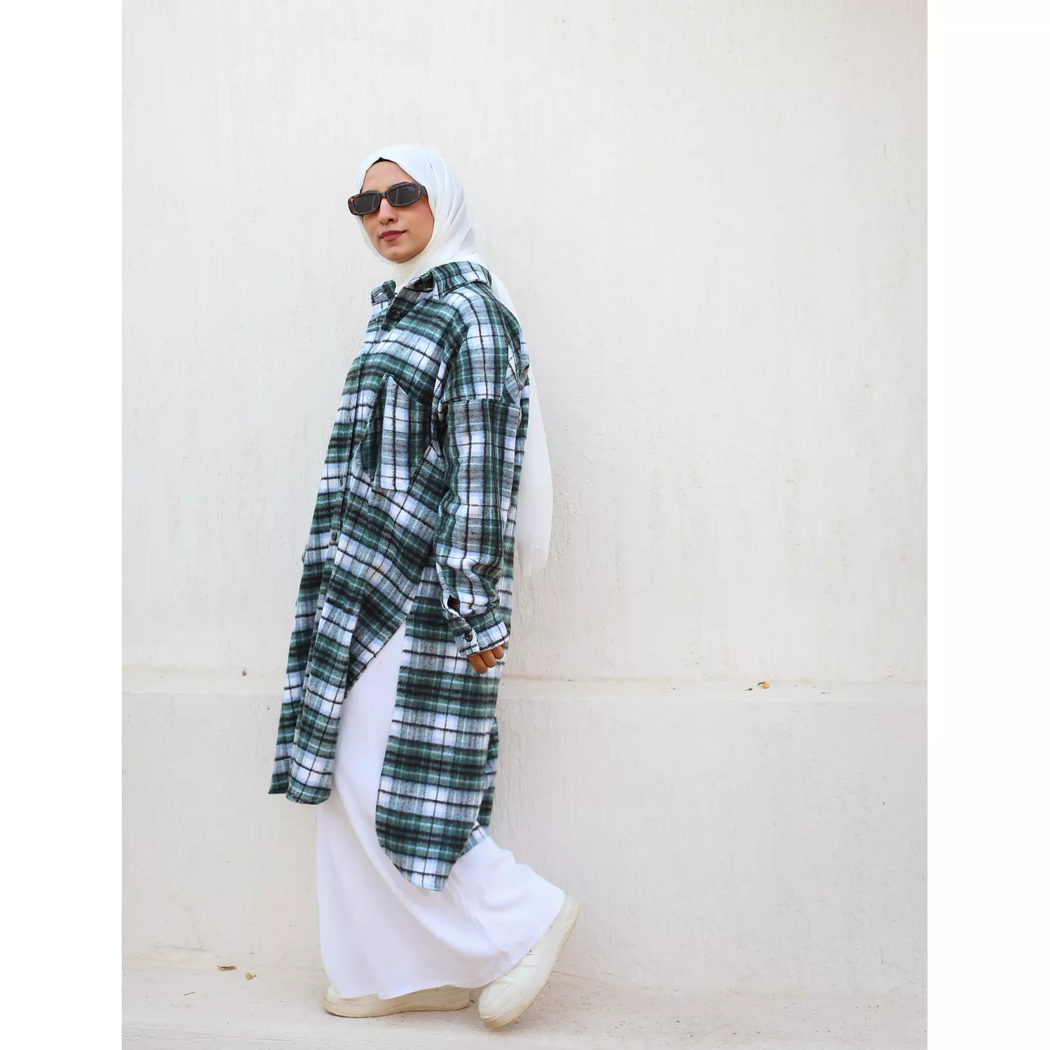 Green & Grey Checkered Wool Long Shirt 1