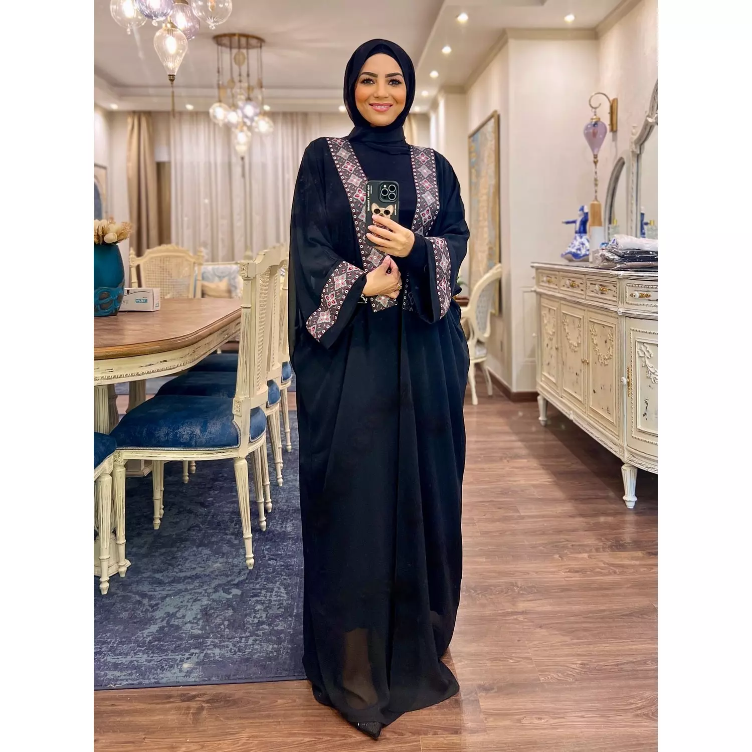 Chiffon Abaya with Oriental Embroidery - Black hover image