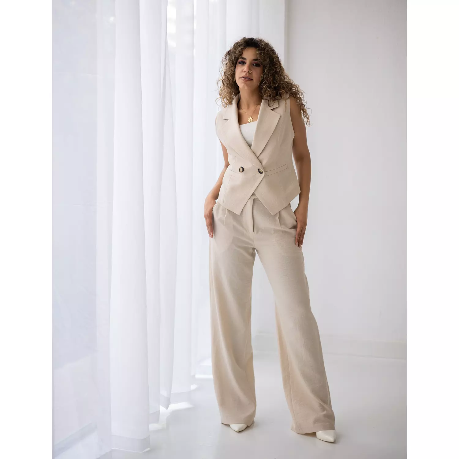 Light beige linen wide-leg straight mid pants   hover image