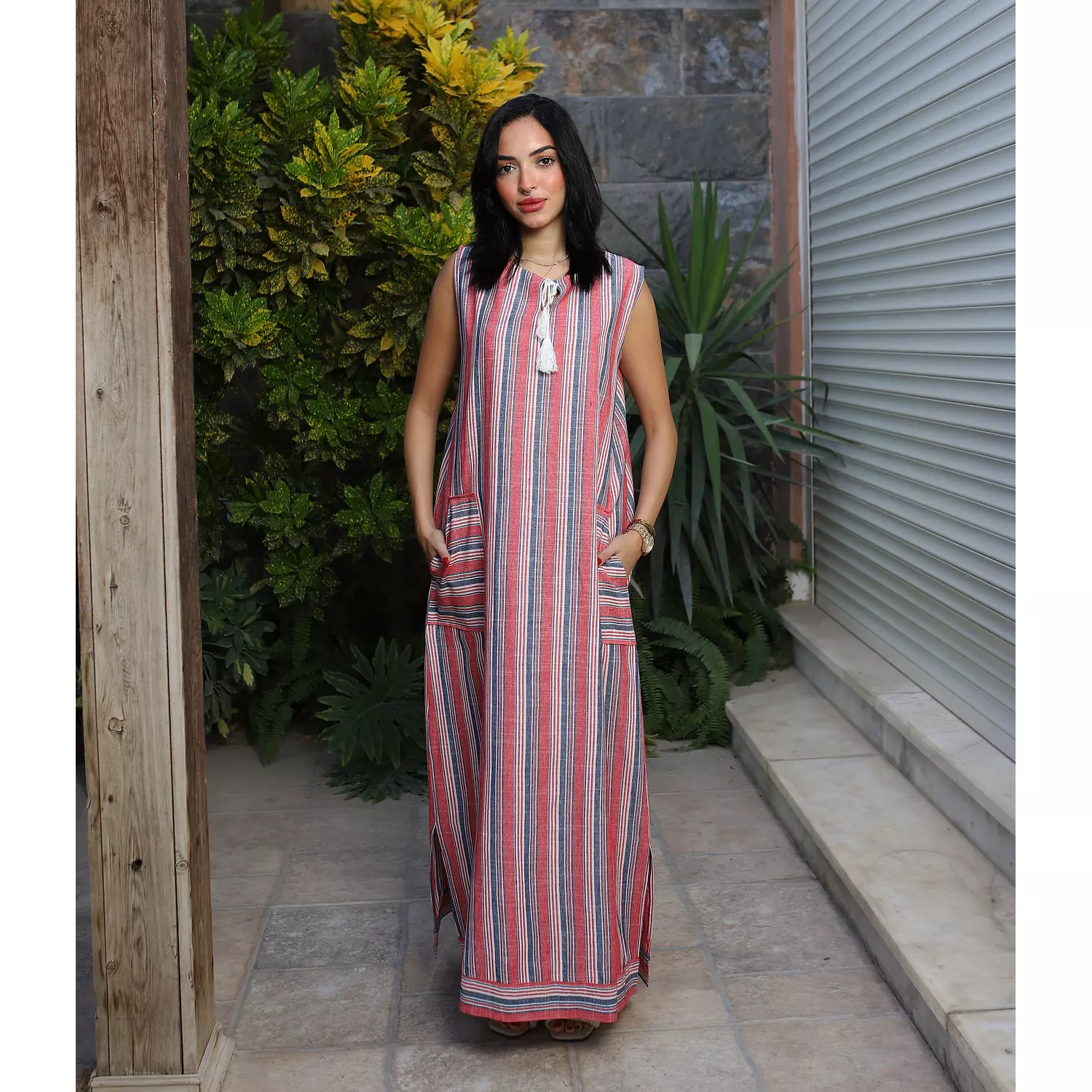 Stripped Linen Dress- Red Blue 3