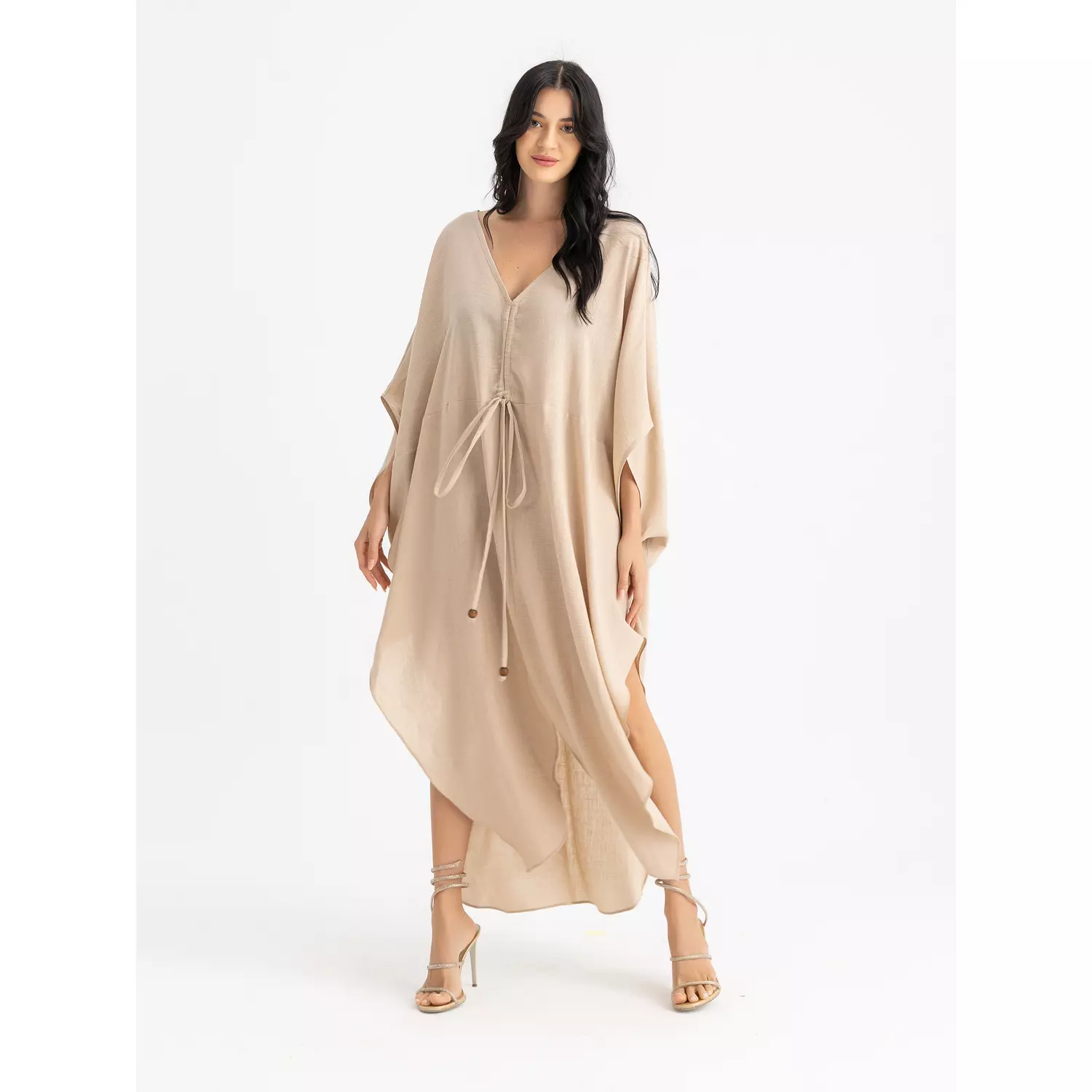 The KAMILIA gathered linen kaftan hover image