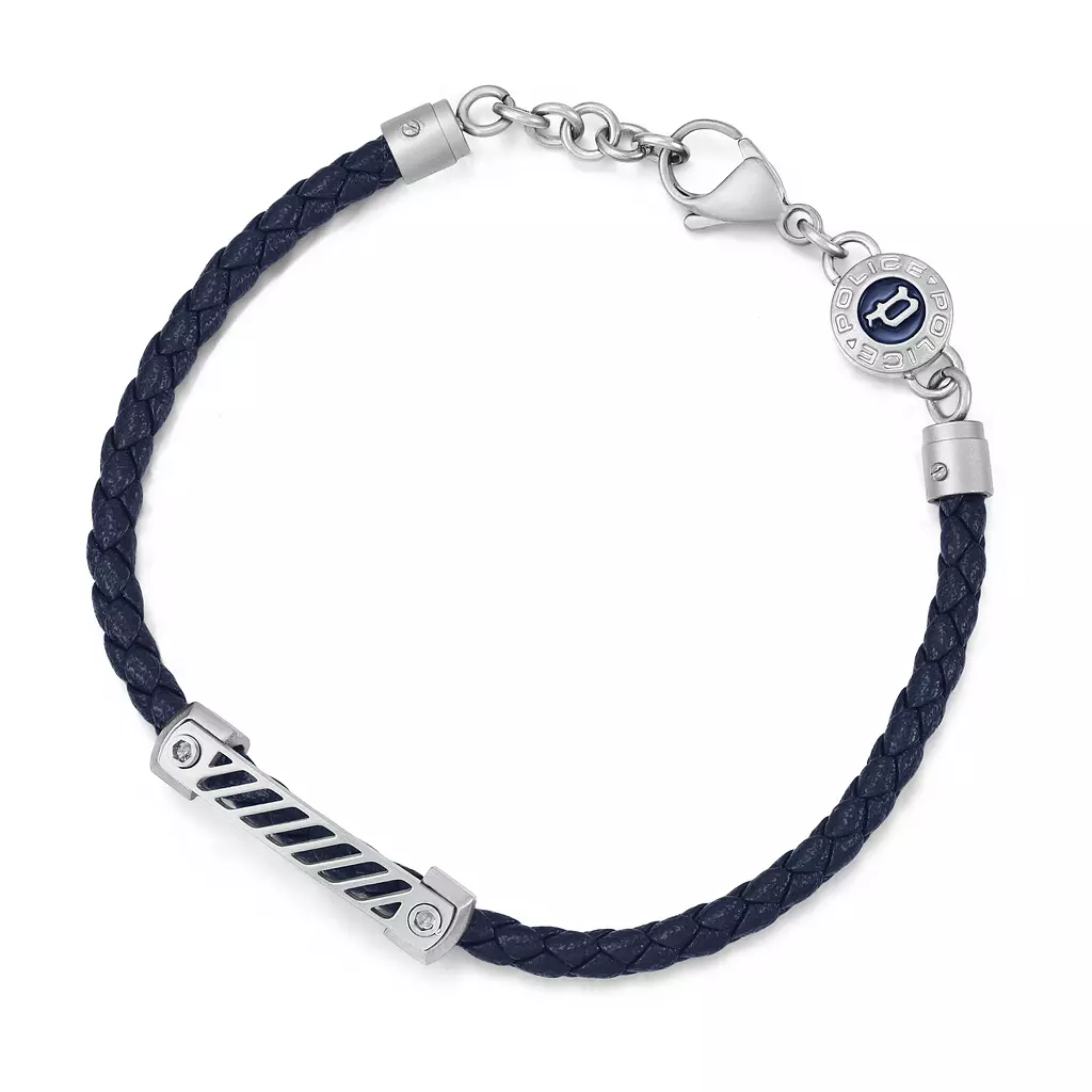 POLICE PLAQUETES SS W NAVY ENAMEL LEATHER GS BRACELET