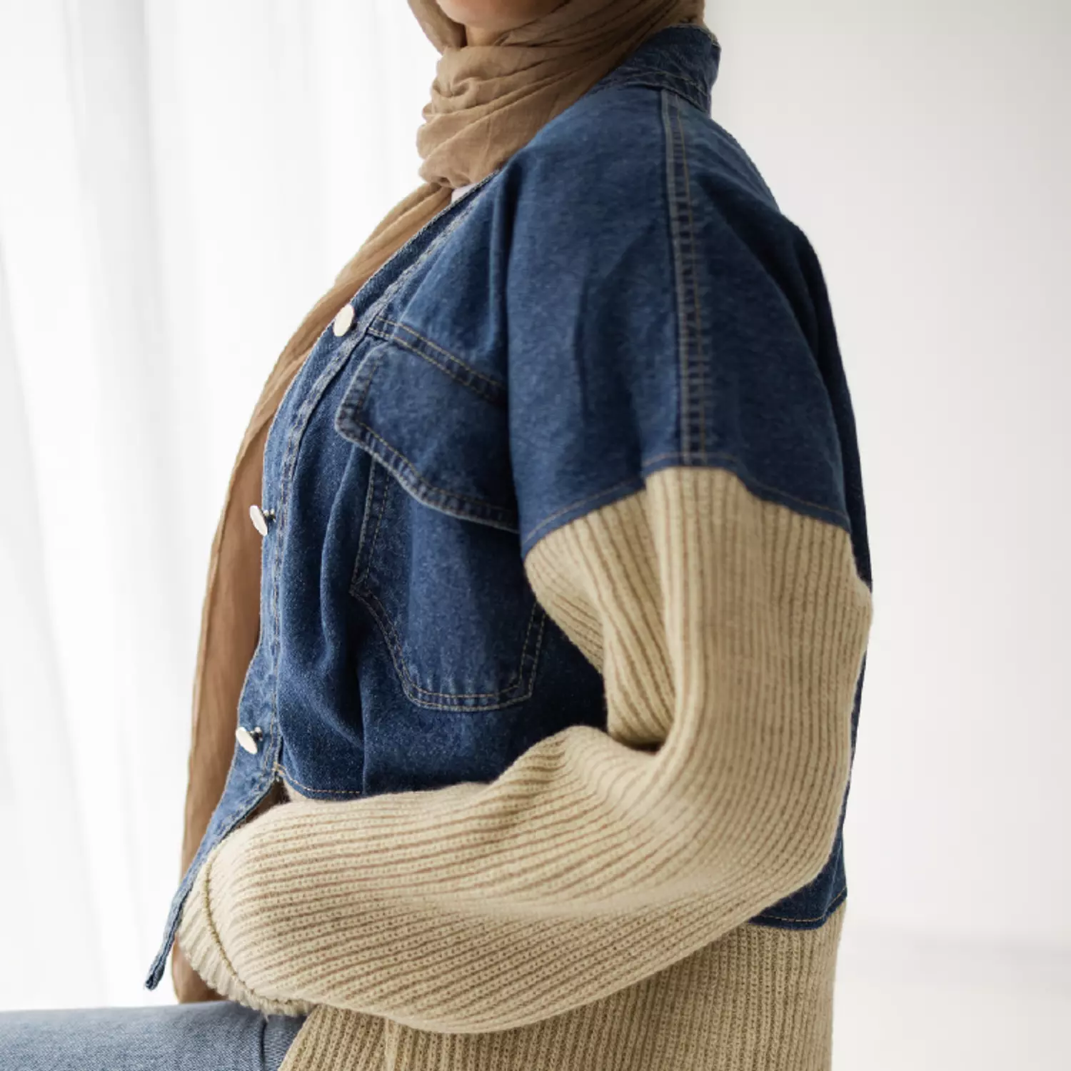 Beige Knitted Denim Jacket  hover image