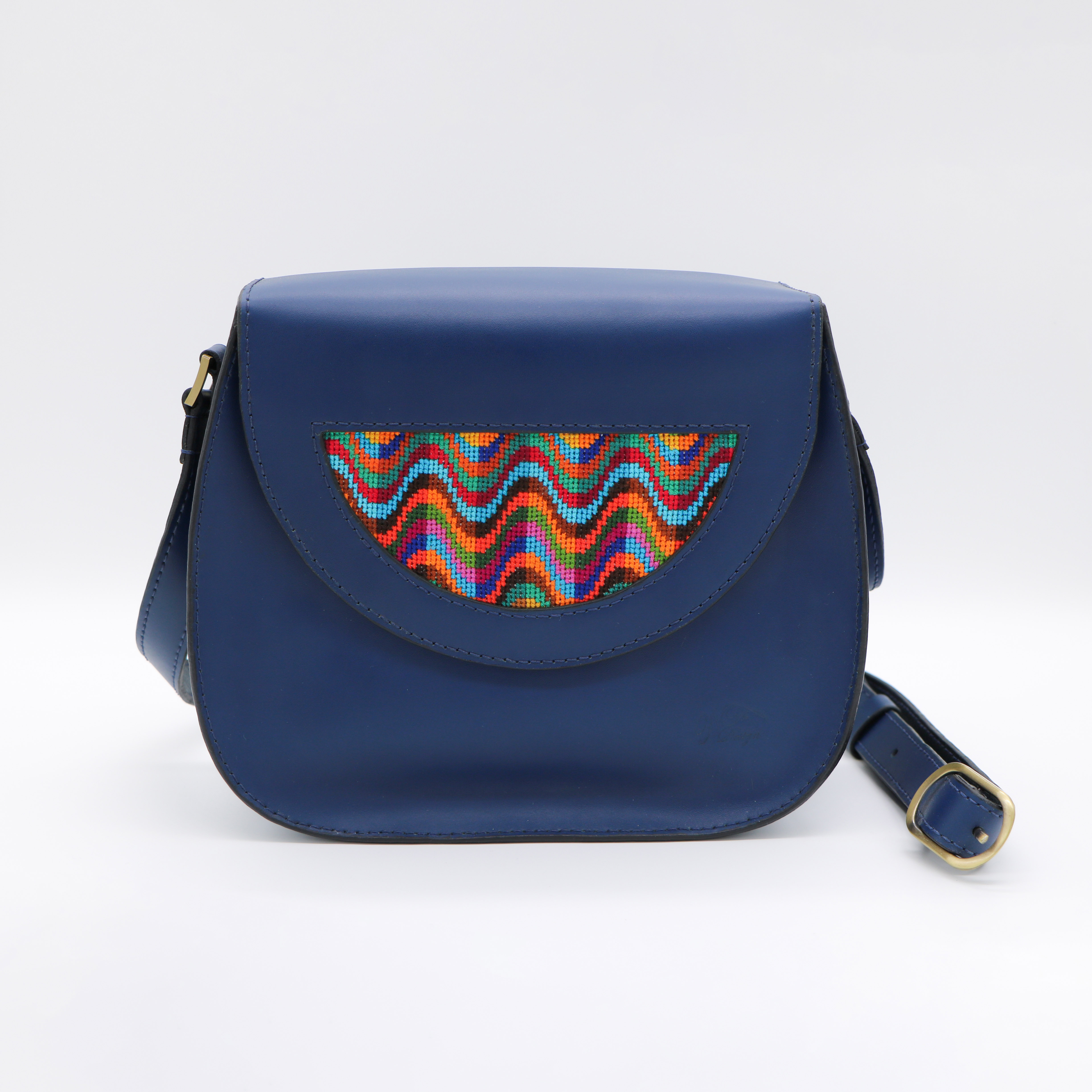 Genuine leather bag with colorful cross stitching 