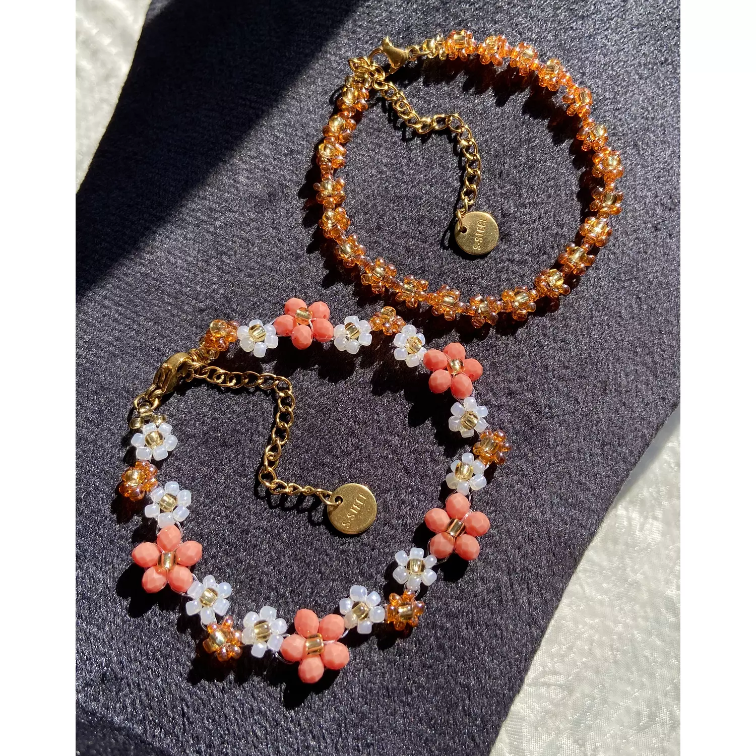 Brownie with white flowers zigzag bracelet & caramel flowers bracelet  4