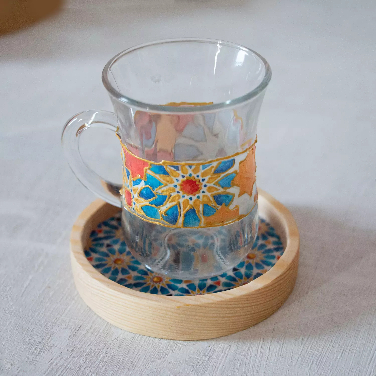 Blue Islamic Stars Glass Cup Wooden Coaster-per piece 3