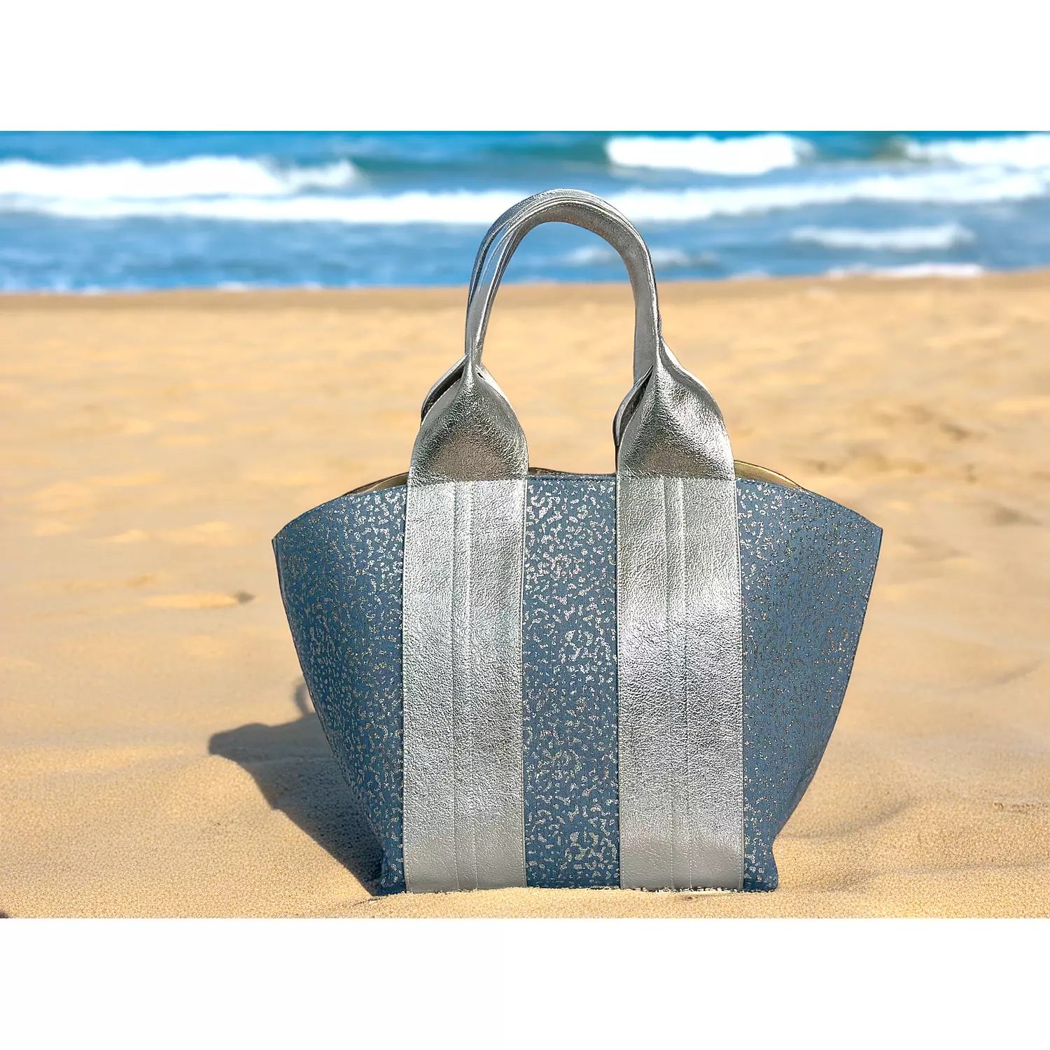  BLINGY Tote bag - Blue glittery jeans & Silver  2