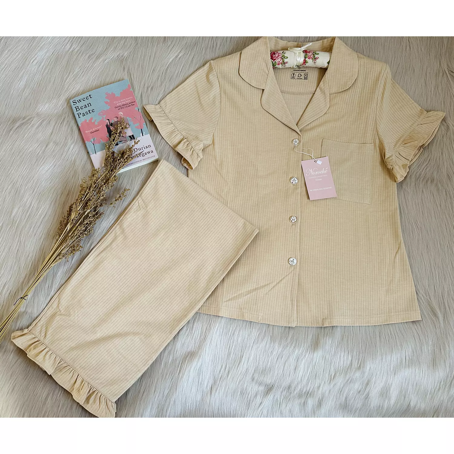 Boutique Beige Ruffled Cotton Pajamas hover image