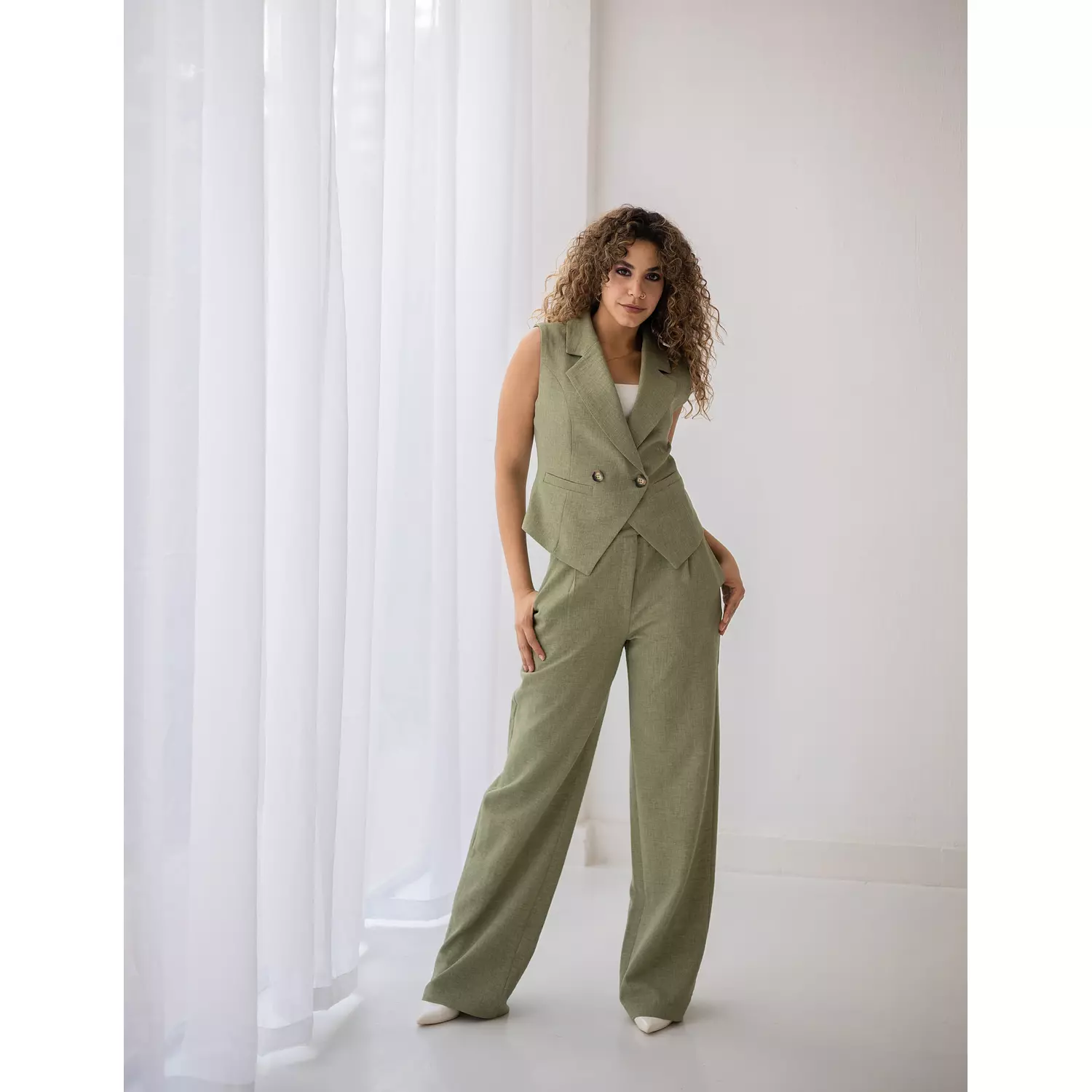  Vineyard green linen wide-leg straight mid pants   2