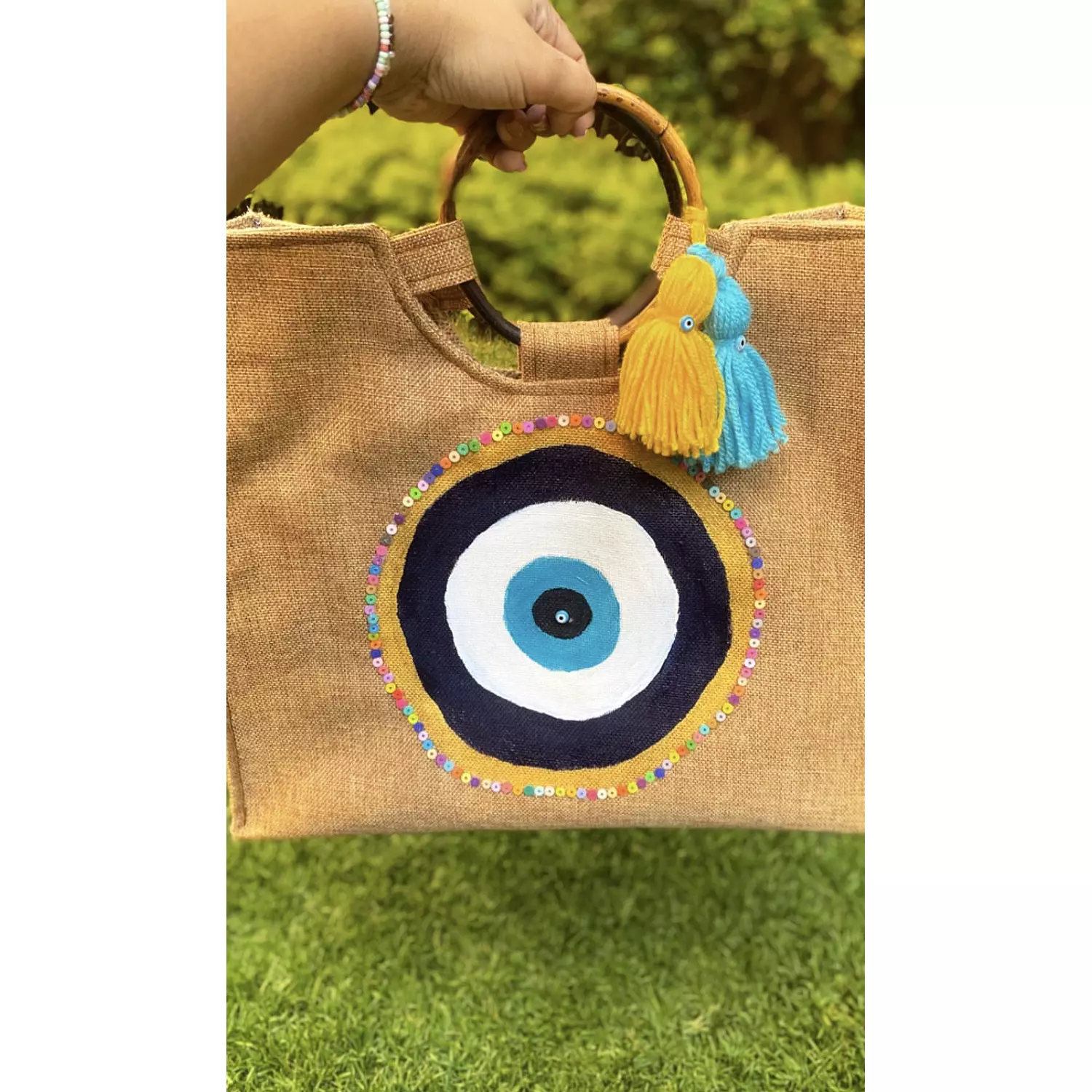 Turkish Eye Hand-Painted Burlap Tote by order 5