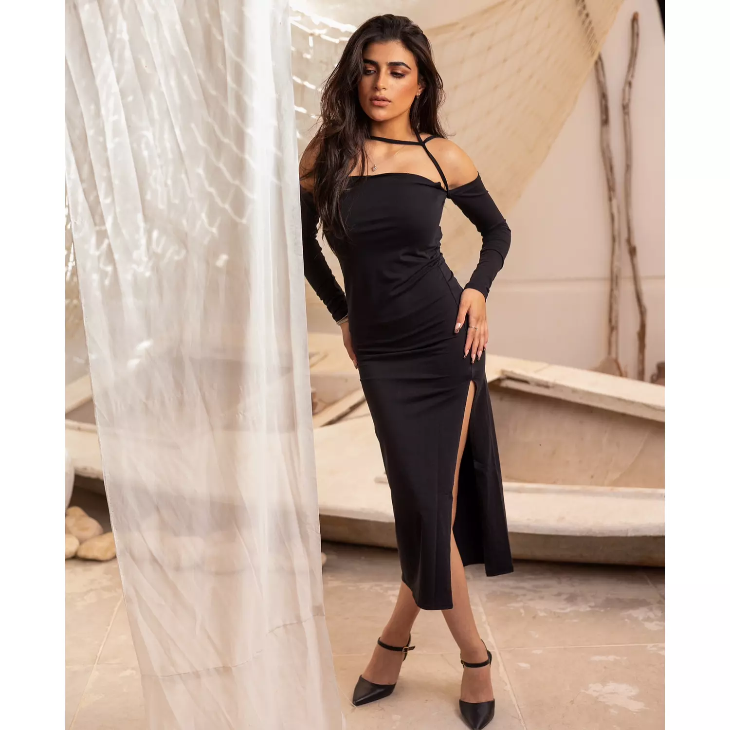 Black Off-shoulder Strap Dress hover image