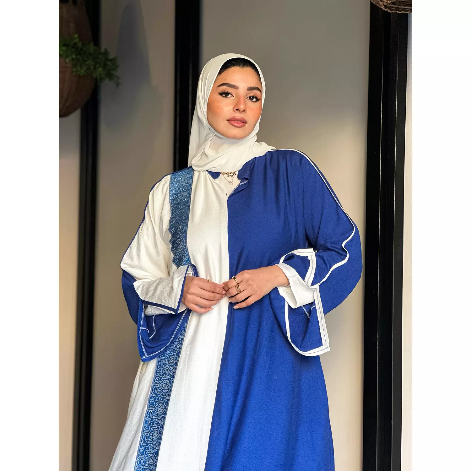 white x blue closed abaya  (Copy) hover image
