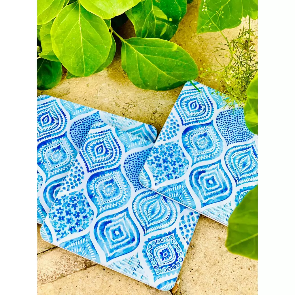 Blue Damask Pattern Coaster Set