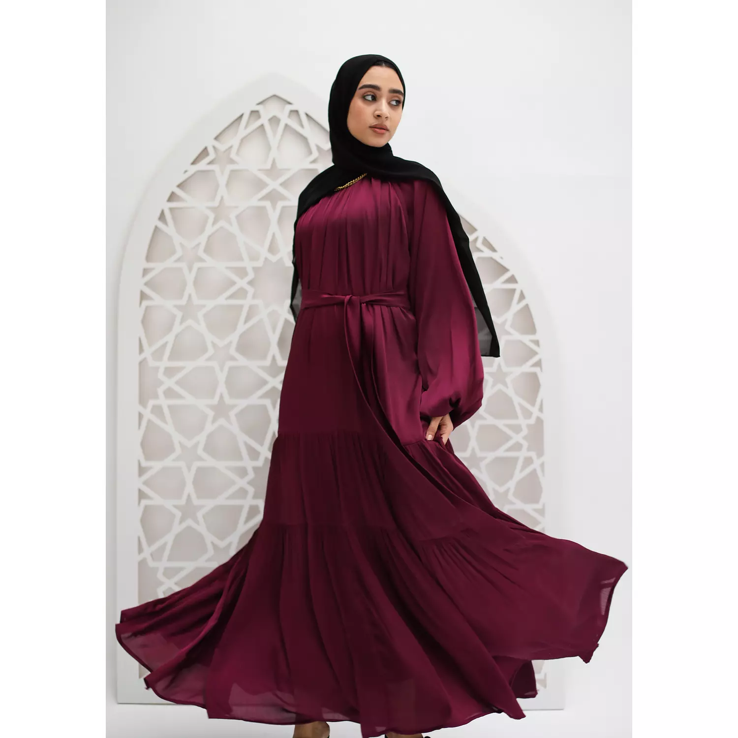 Shimmery Satin Layered Dress in Dark burgandy hover image