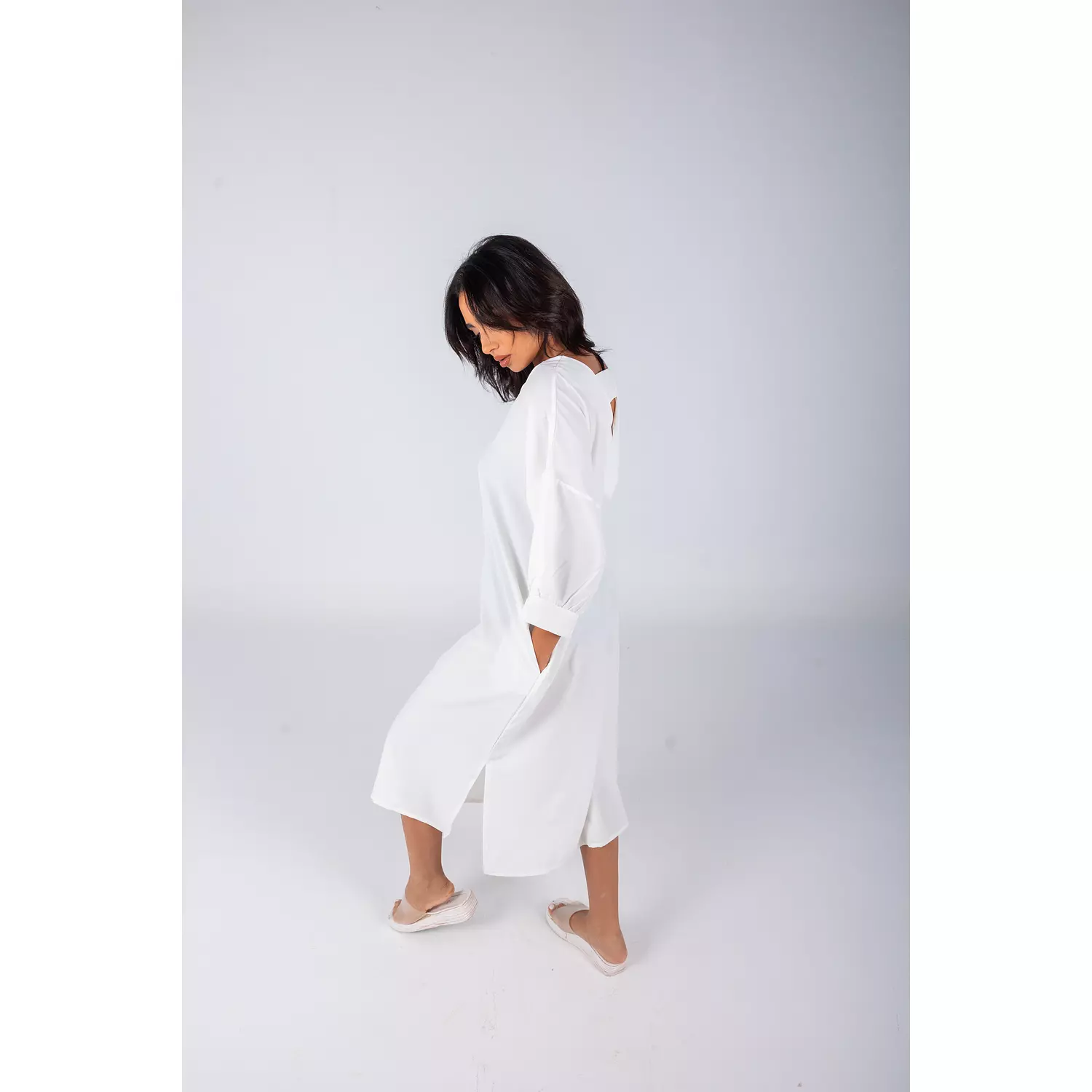 Off White Plain Linen Dress  0