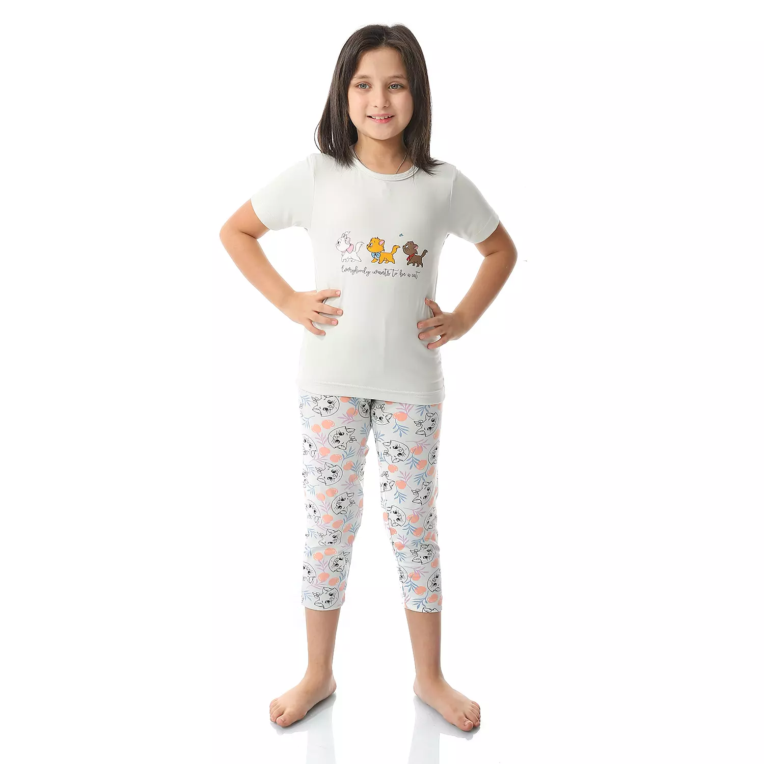 Girls Cat Pajama - Light Grey  0