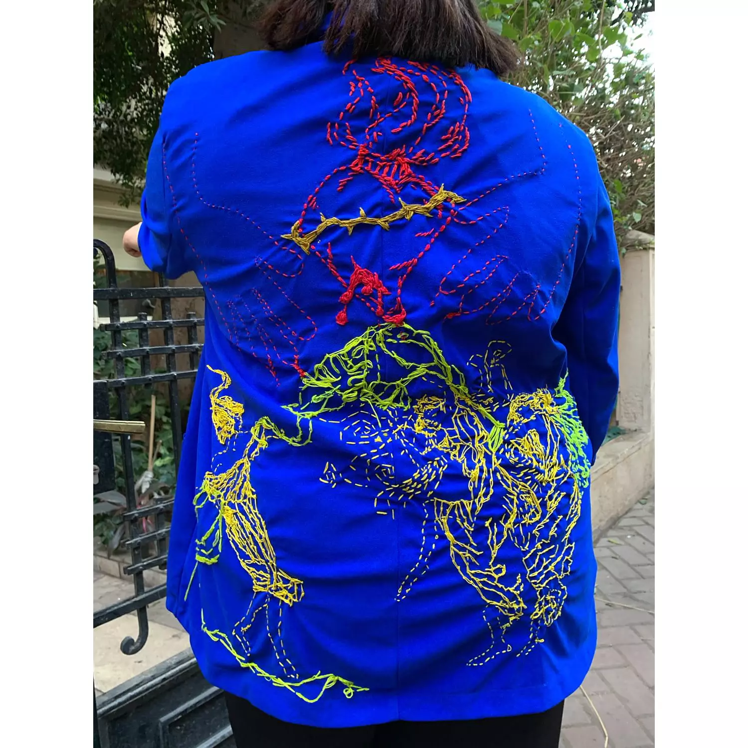 “Night around the fire”  Hand embroidered blue blazer. hover image