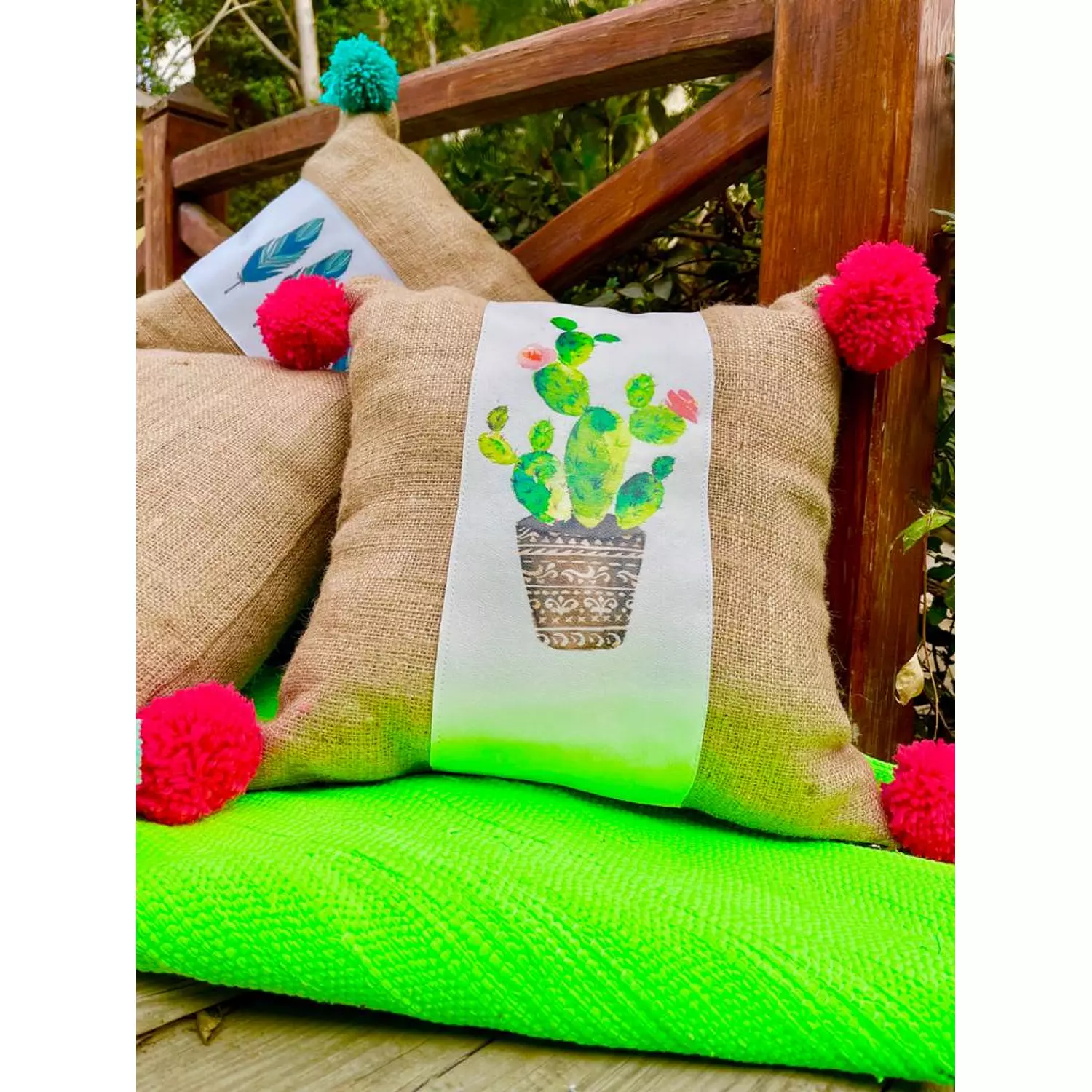 The Burlap Cactus with Fushia Pompoms 3