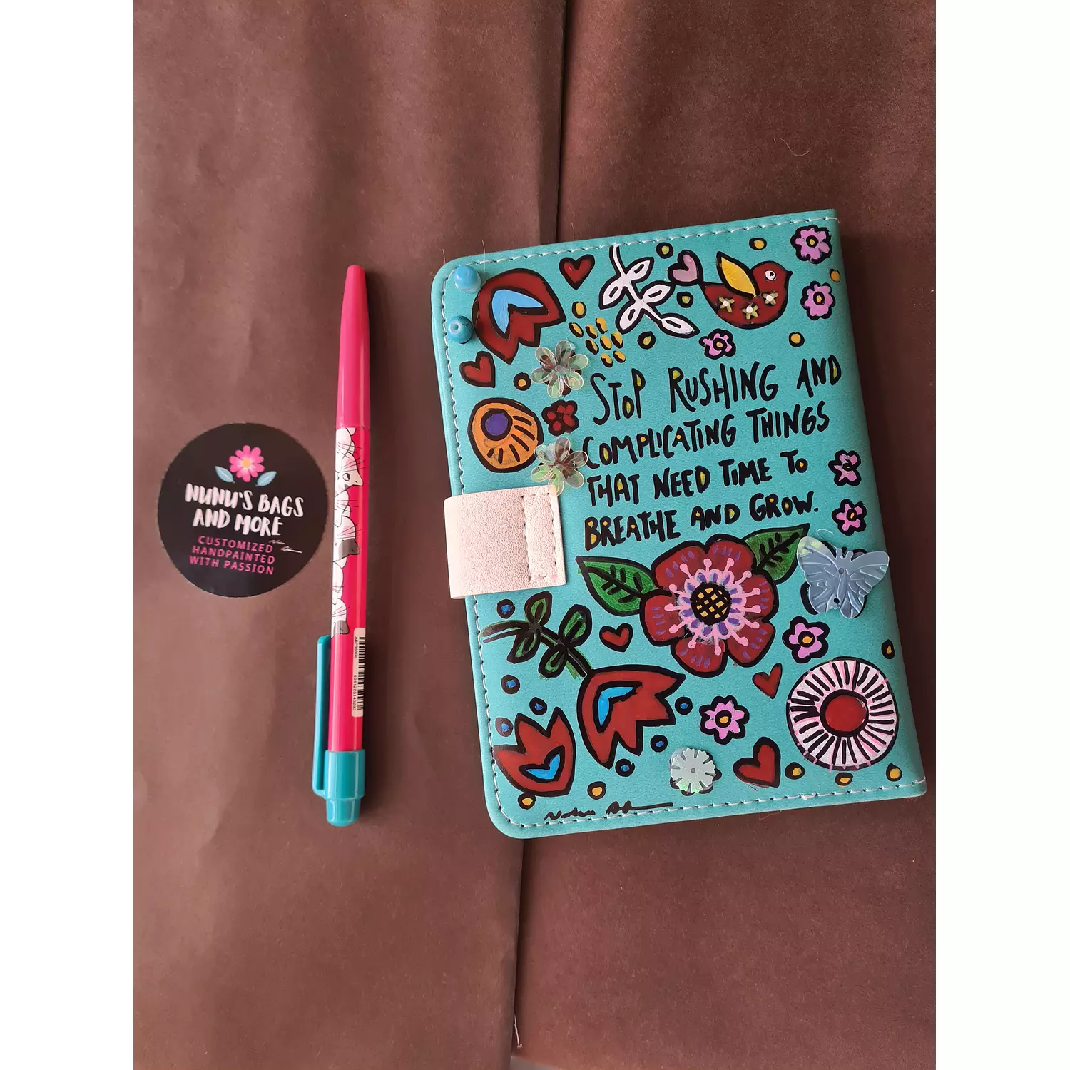 Handpainted leather cover notebook with attached cute accessories  1