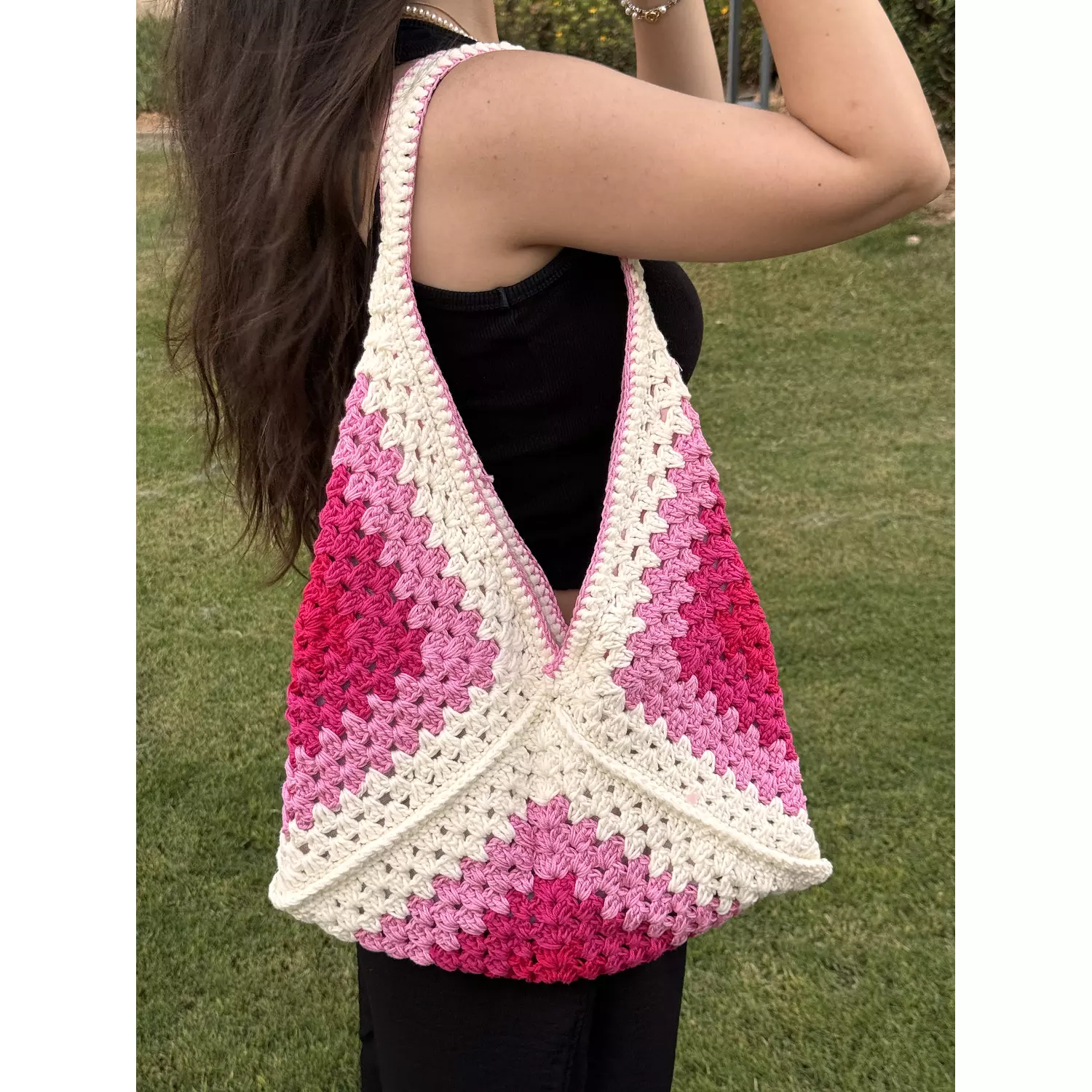 Hot Pink granny square crochet tote bag  hover image