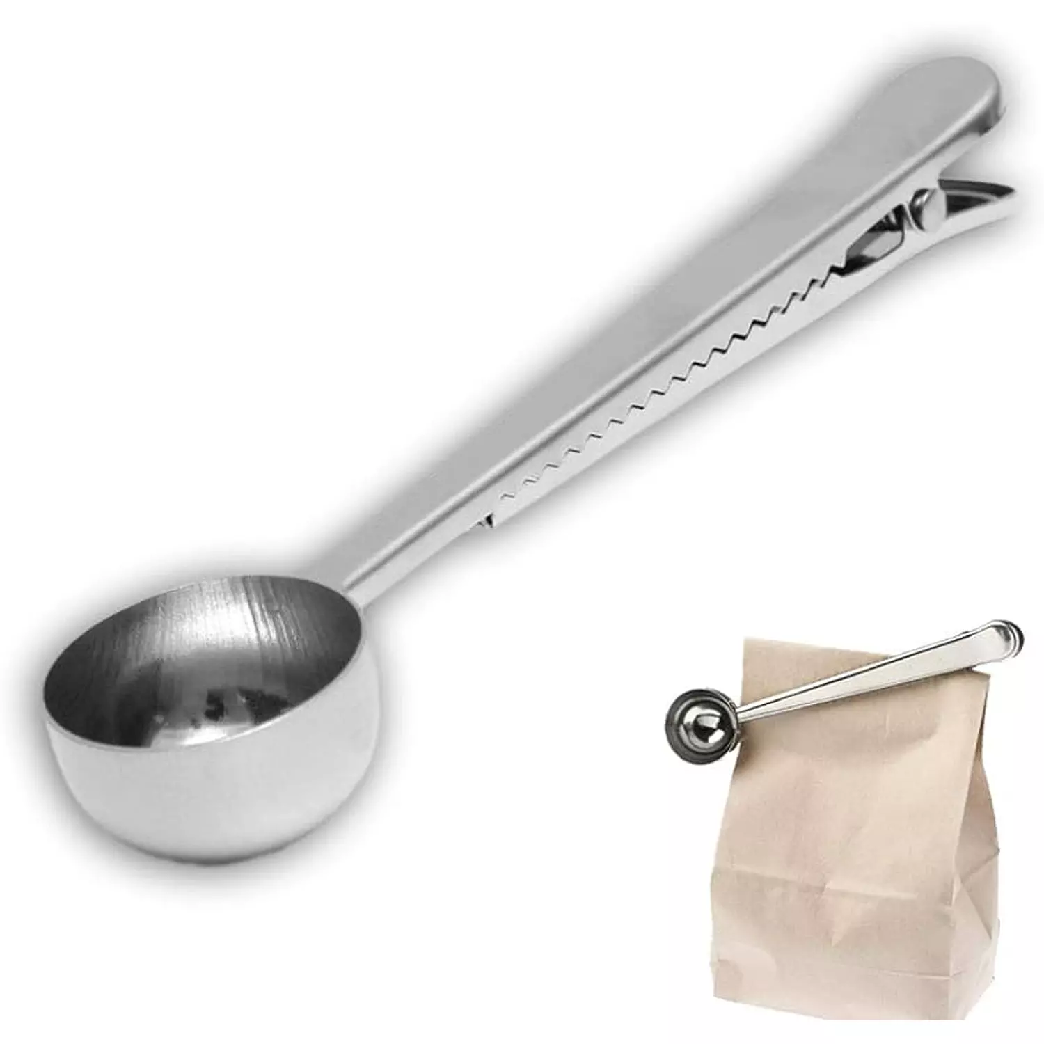 Stainless steel coffee scoop with a clip to close the bag after use hover image