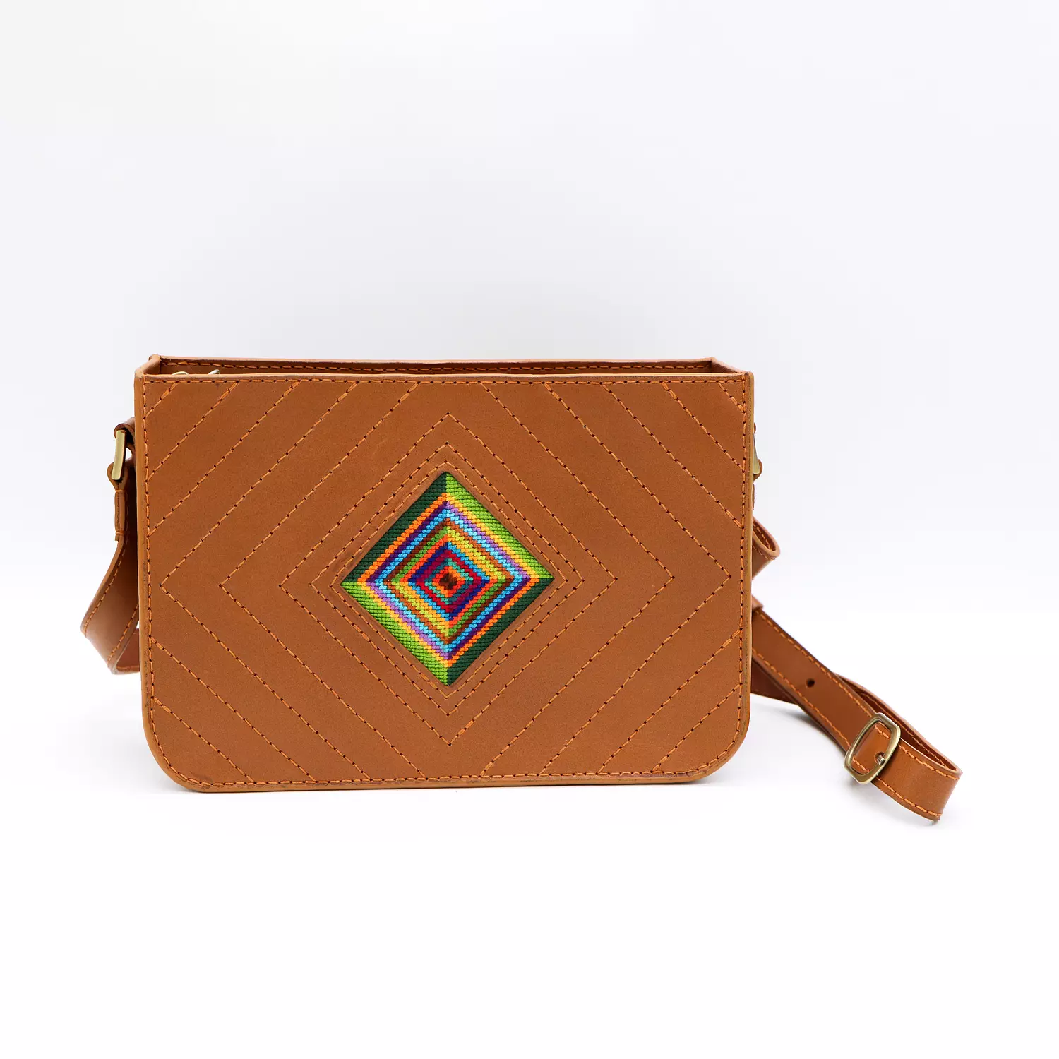 Genuine leather bag with colorful Cross-stitching hover image