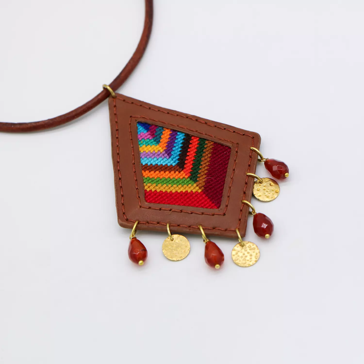 Genuine leather necklace with colorful Cross-stitching, brass and agate stones. hover image