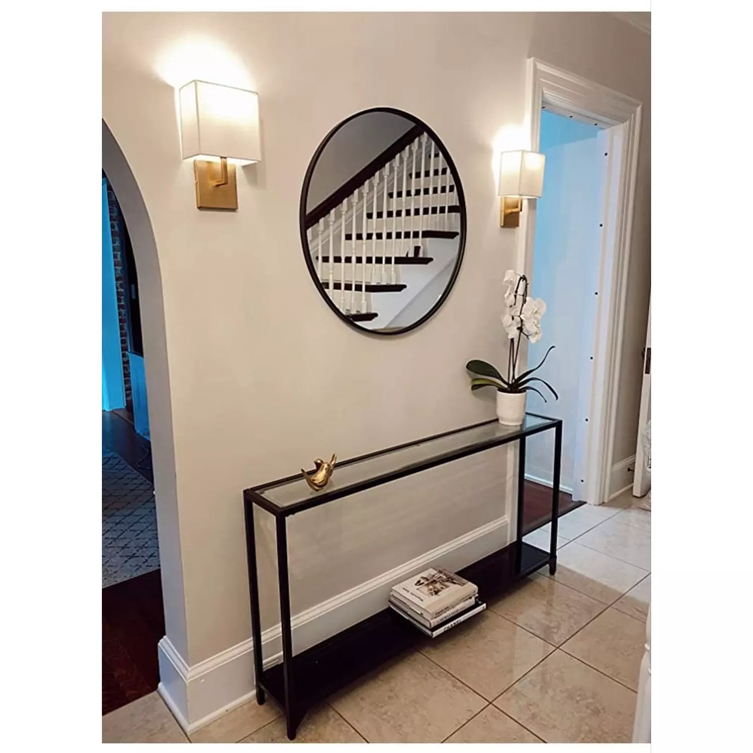 Console Unit& black wood and round wall mirror hover image