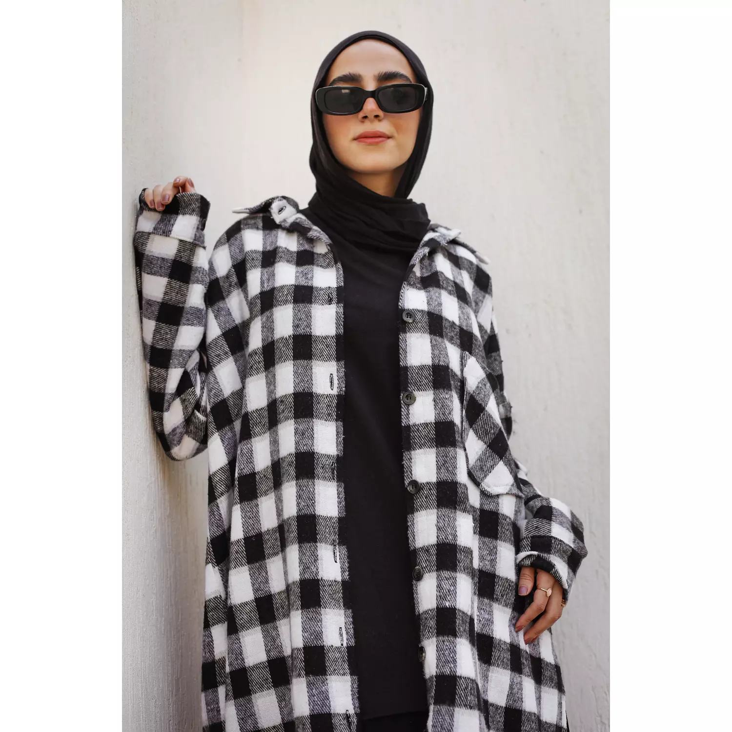 Black & White Checkered Wool Long Shirt 5