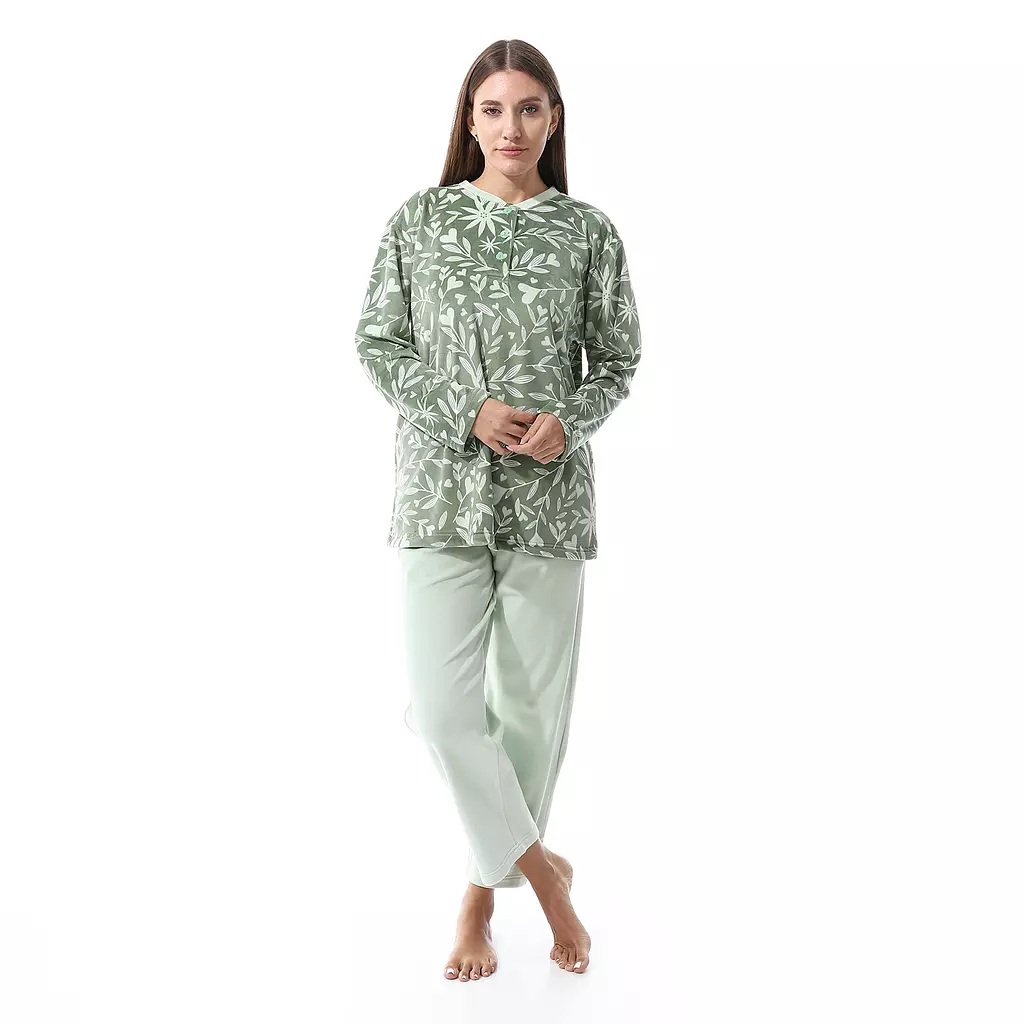 Shorto Women Leaves 2 Button  Fleece PJ - Green - 2657 