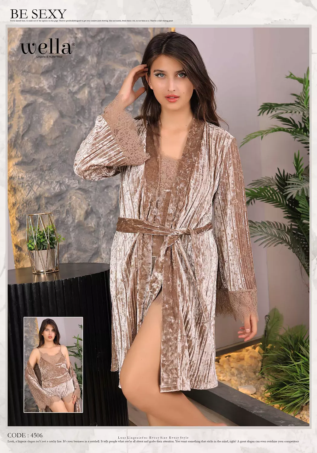 Luxurious 3-piece velvet pajama set in burly wood hover image