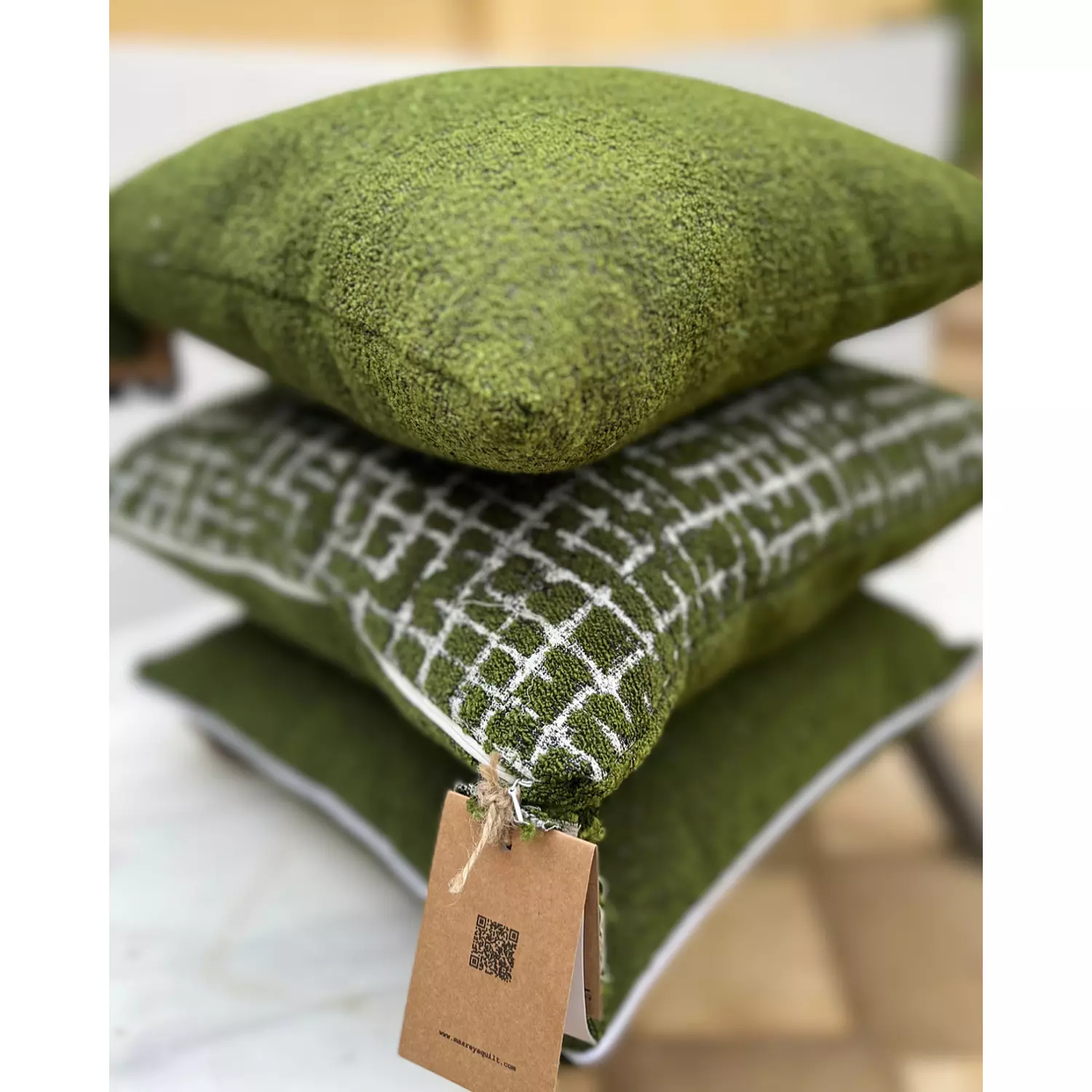 Olive Green Boucle Cotton Cushion. 1
