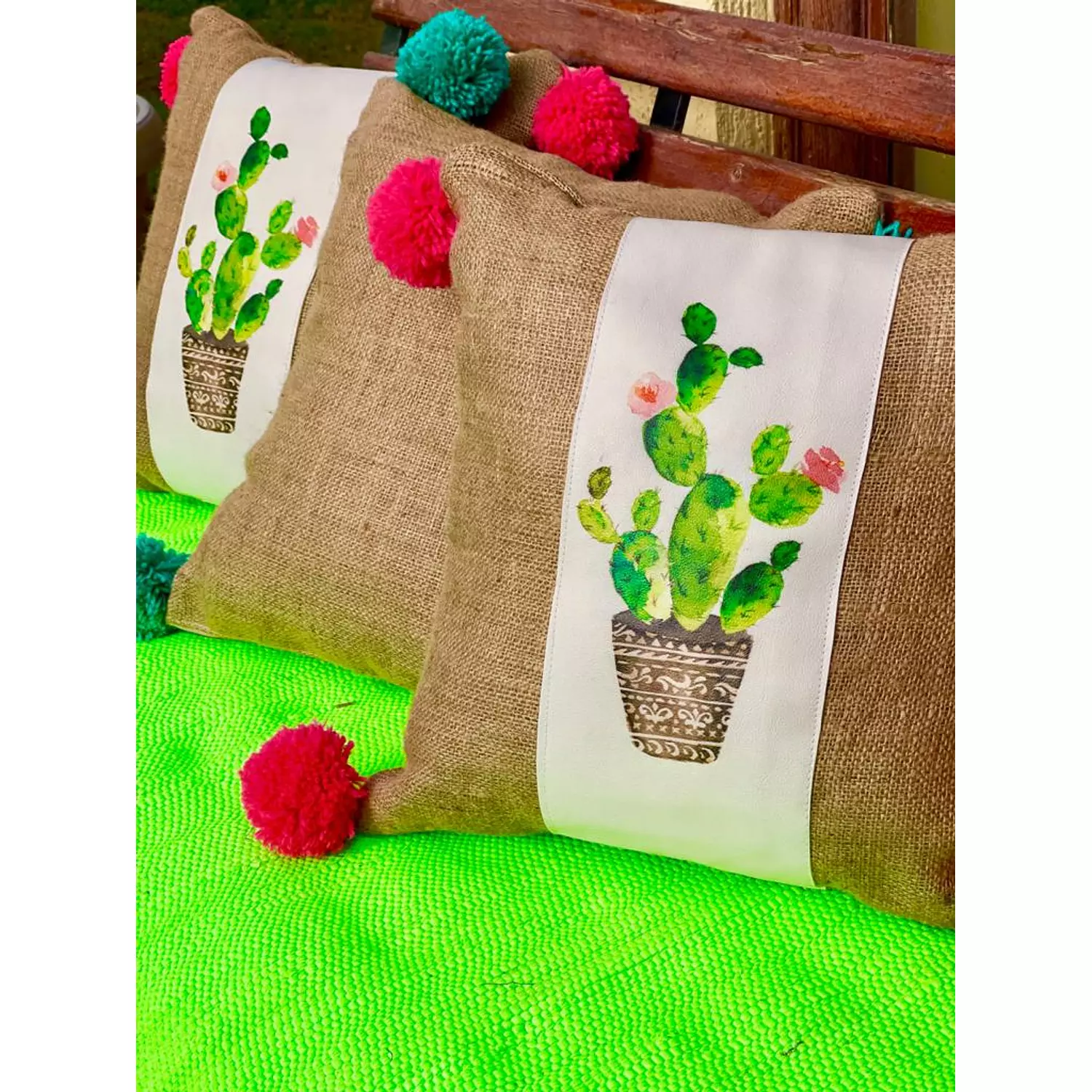 The Burlap Cactus with Fushia Pompoms 5