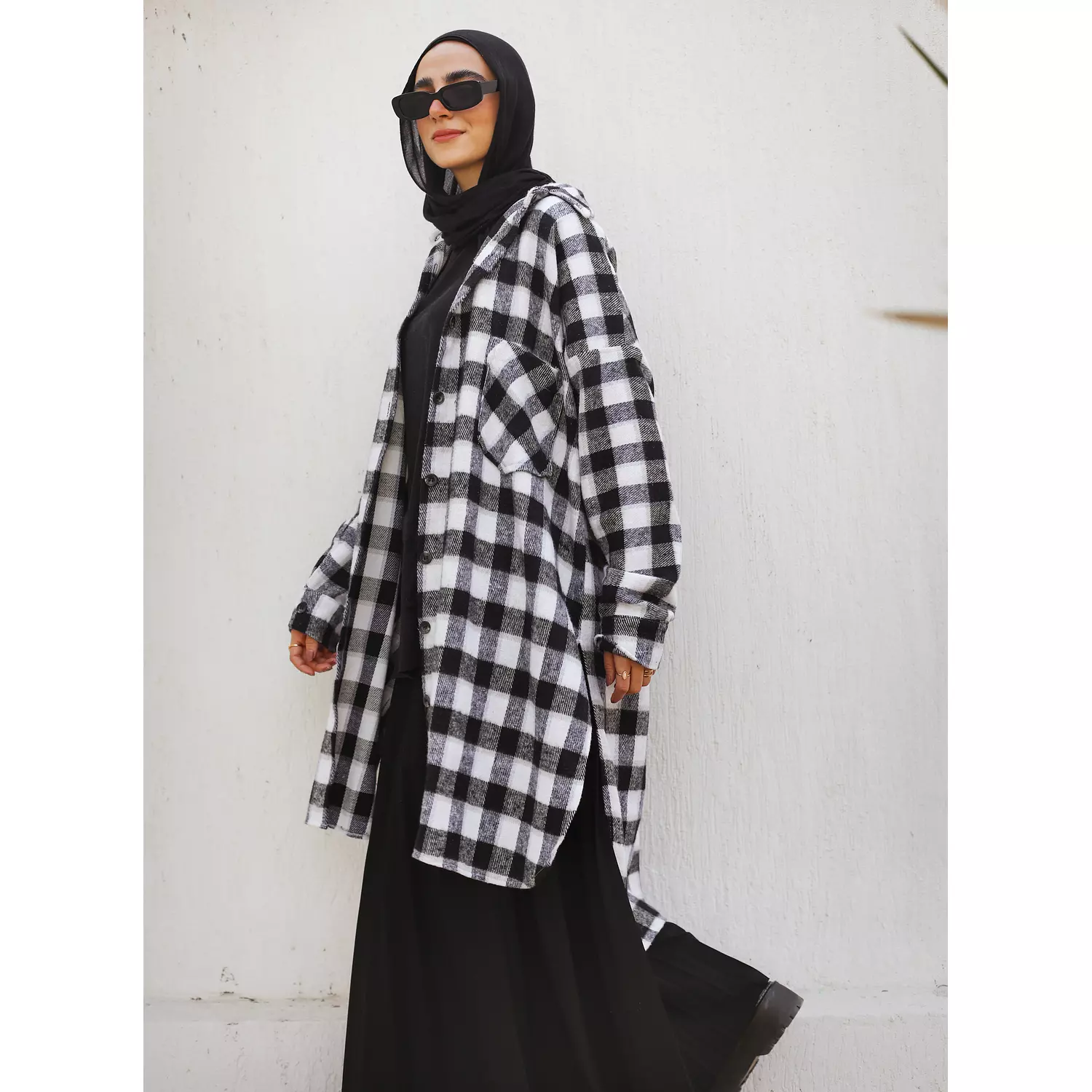 Black & White Checkered Wool Long Shirt 2