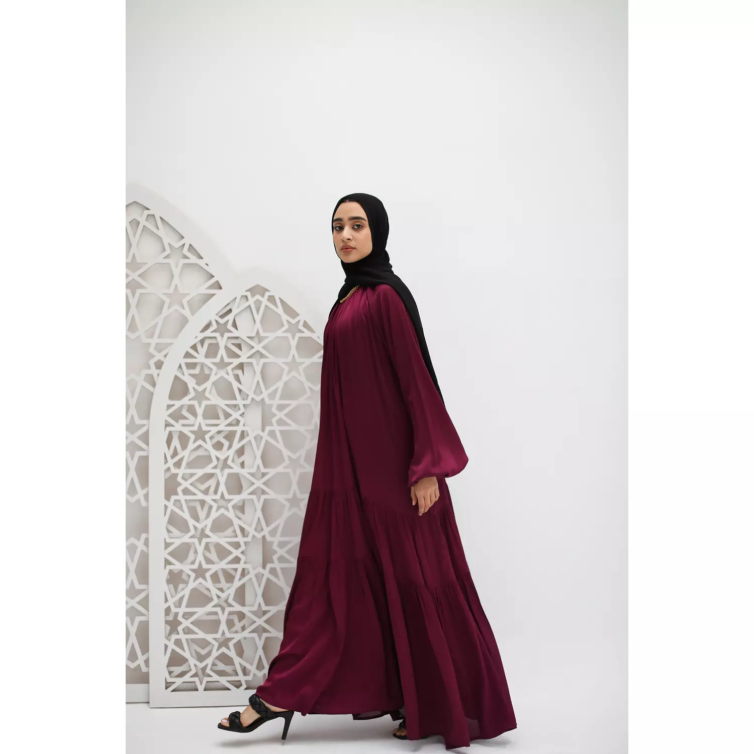 Shimmery Satin Layered Dress in Dark burgandy 4