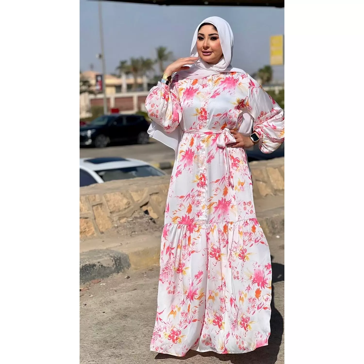 Satin Printed Dress With Long Sleeves - White, Orange &  Fuchsia hover image